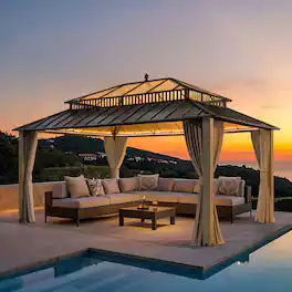 SUNJOY - Kingston 16x12 Gazebo, Steel & PC Roof Hardtop Gazebo with Curtain and Netting - Cedar Posts