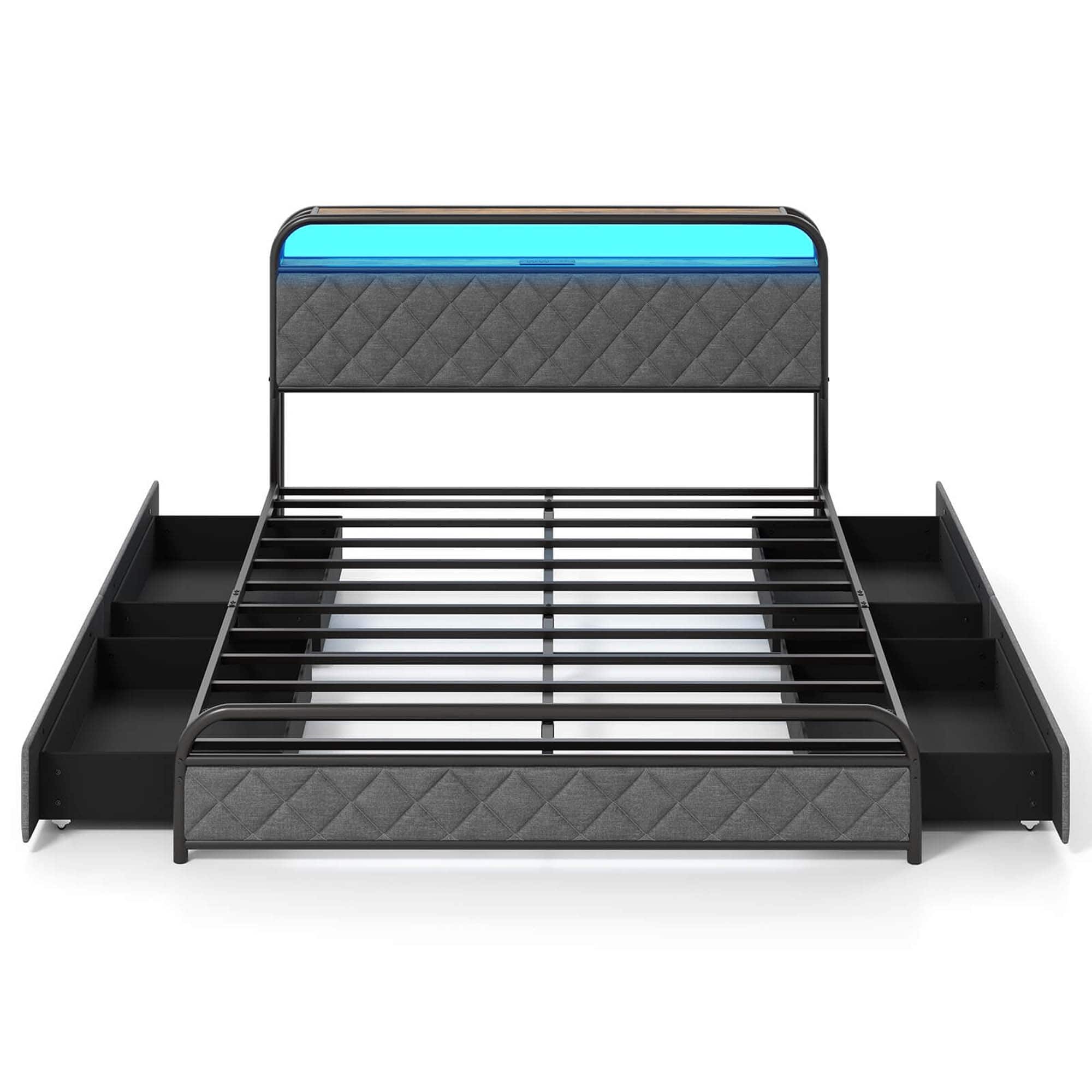 Front. Costway - Queen Size Bed Frame with LED Lights & Charging Station Storage Headboard - Black.