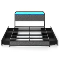 Costway Queen Size Bed Frame with LED Lights & Charging Station Storage Headboard - Black - Front_Zoom