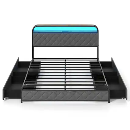 Front. Costway - Queen Size Bed Frame with LED Lights & Charging Station Storage Headboard - Black.