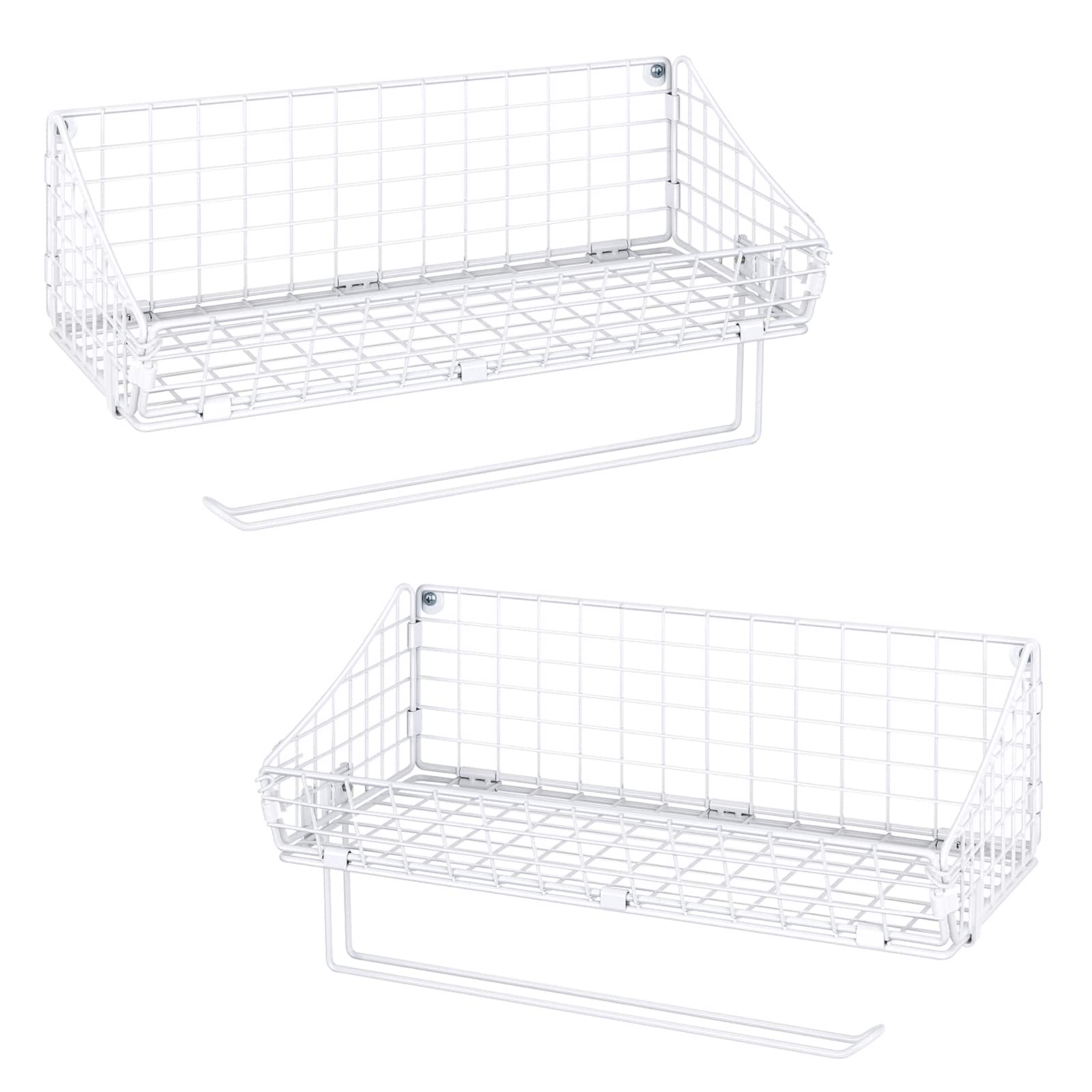 Oumilen - Wall Mounted Wire Storage Basket with Paper Towel Holder – White Metal Organizer, 2 Pack