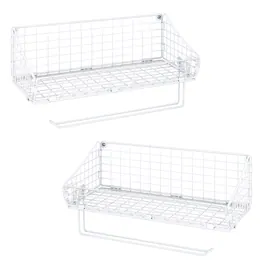 Oumilen - Wall Mounted Wire Storage Basket with Paper Towel Holder – White Metal Organizer, 2 Pack