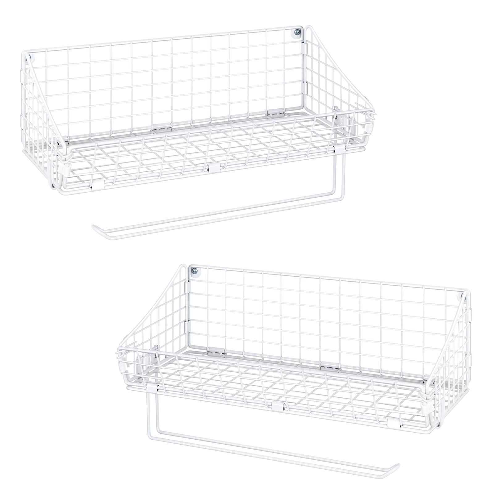 Front. Oumilen - Wall Mounted Wire Storage Basket with Paper Towel Holder – White Metal Organizer, 2 Pack.