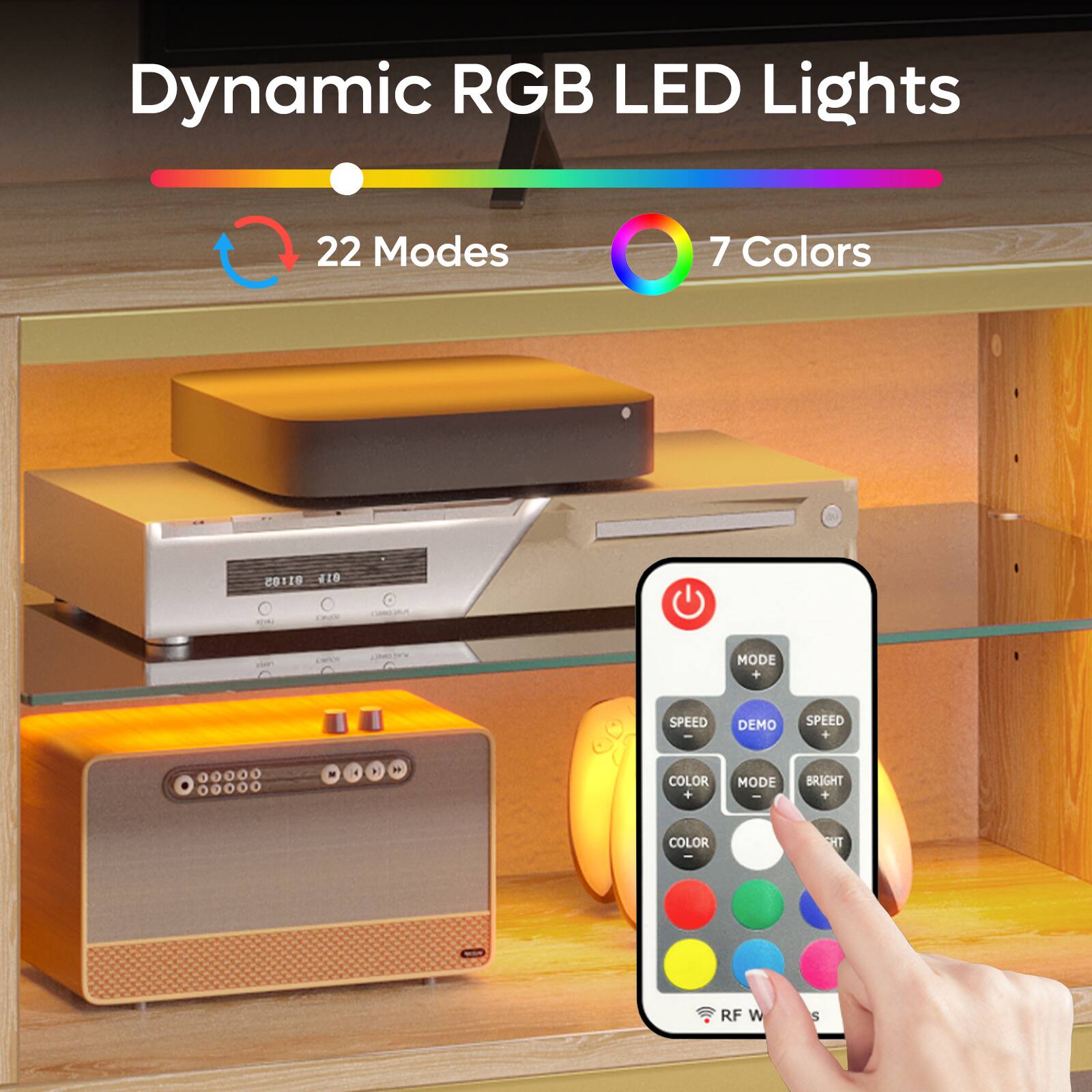 Dynamic RGB LED Lights: 22 Modes, 7 Colors.