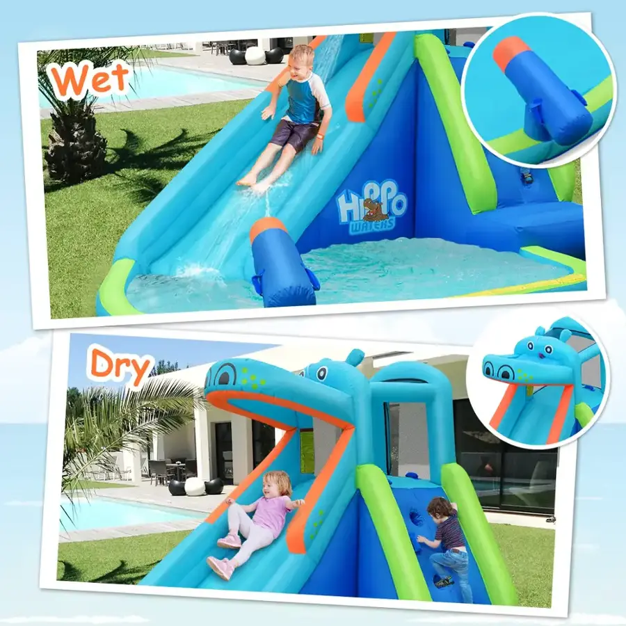Wet: A boy is sliding down a water slide.
Dry: A little girl is playing in a dry play area.