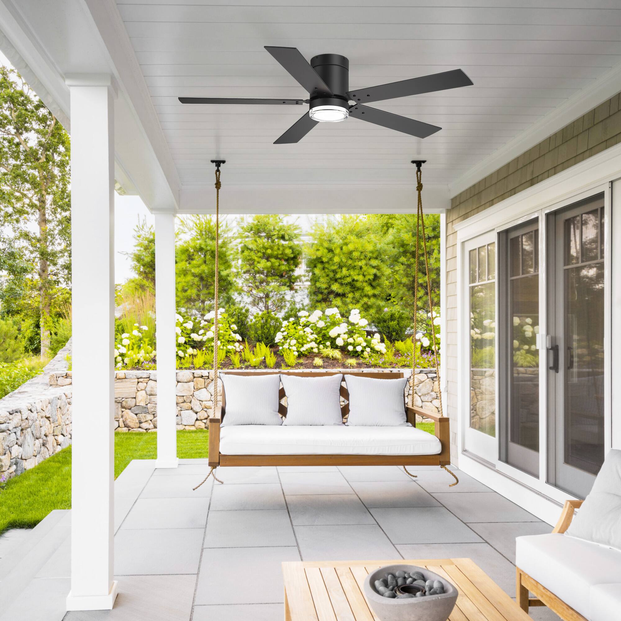 Left. Breezary - 52-Inch Modern Flush Mount Ceiling Fan with LED Light and Remote, Dual-layer acrylic shade, 5 Blades, DC Motor - black.