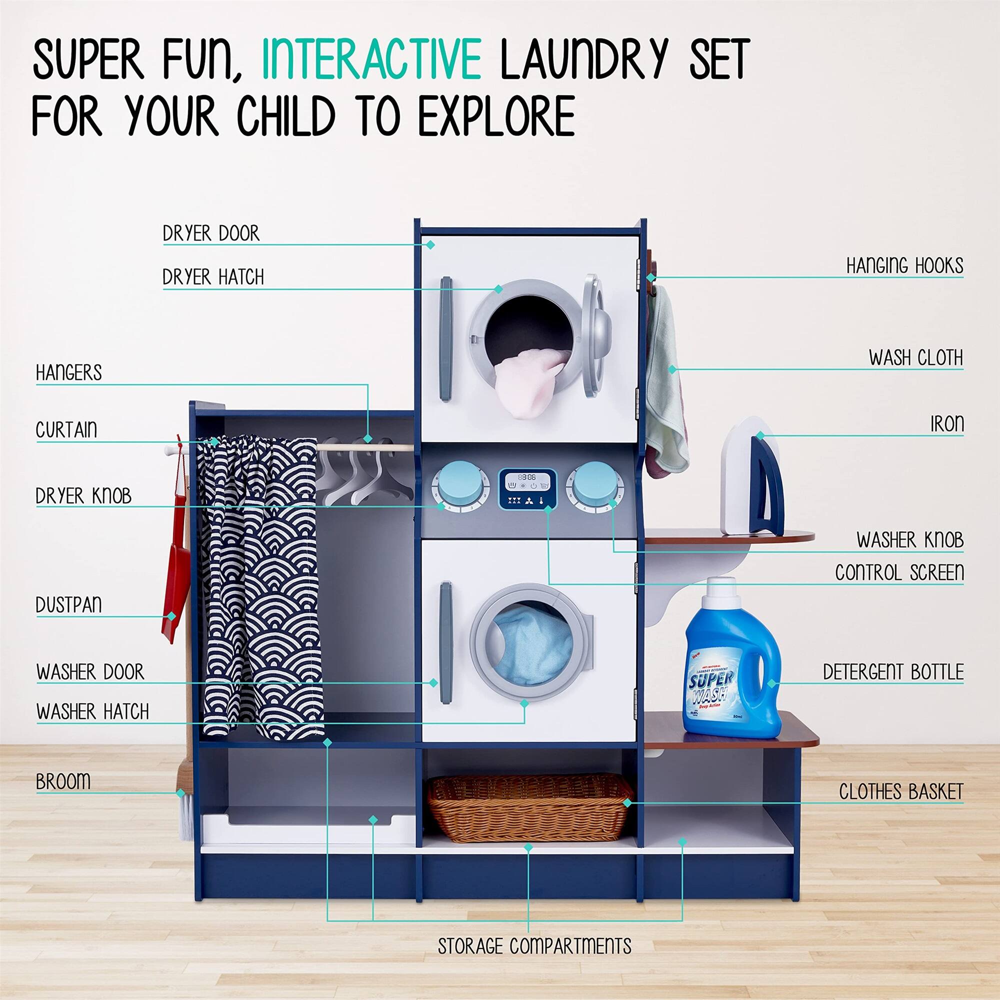 SUPER FUN, INTERACTIVE LAUNDRY SET FOR YOUR CHILD TO EXPLORE DRYER DOOR DRYER HATCH HANGING HOOKS HANGERS WASH CLOTH IRON DUSTPAN WASHER KNOB CONTROL SCREEN WASHER DOOR WASHER HATCH DETERGENT BOTTLE BROOM CLOTHES BASKET STORAGE COMPARTMENTS