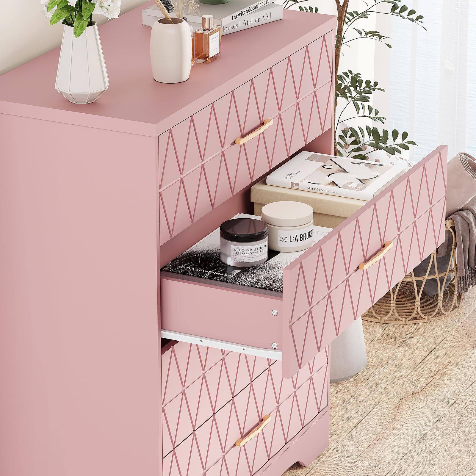 Alt View 4. Acekool - 4 Drawer Wooden Dressers for Bedroom, Wood Chest of Drawers with Gold Handles for Closet - Pink.