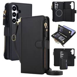 Dteck - Wallet Phone Case for Samsung Galaxy S26 FE, 2 in 1 RFID Shockproof Leather Magnetic TPU Cover with Crossbody Strap - Black