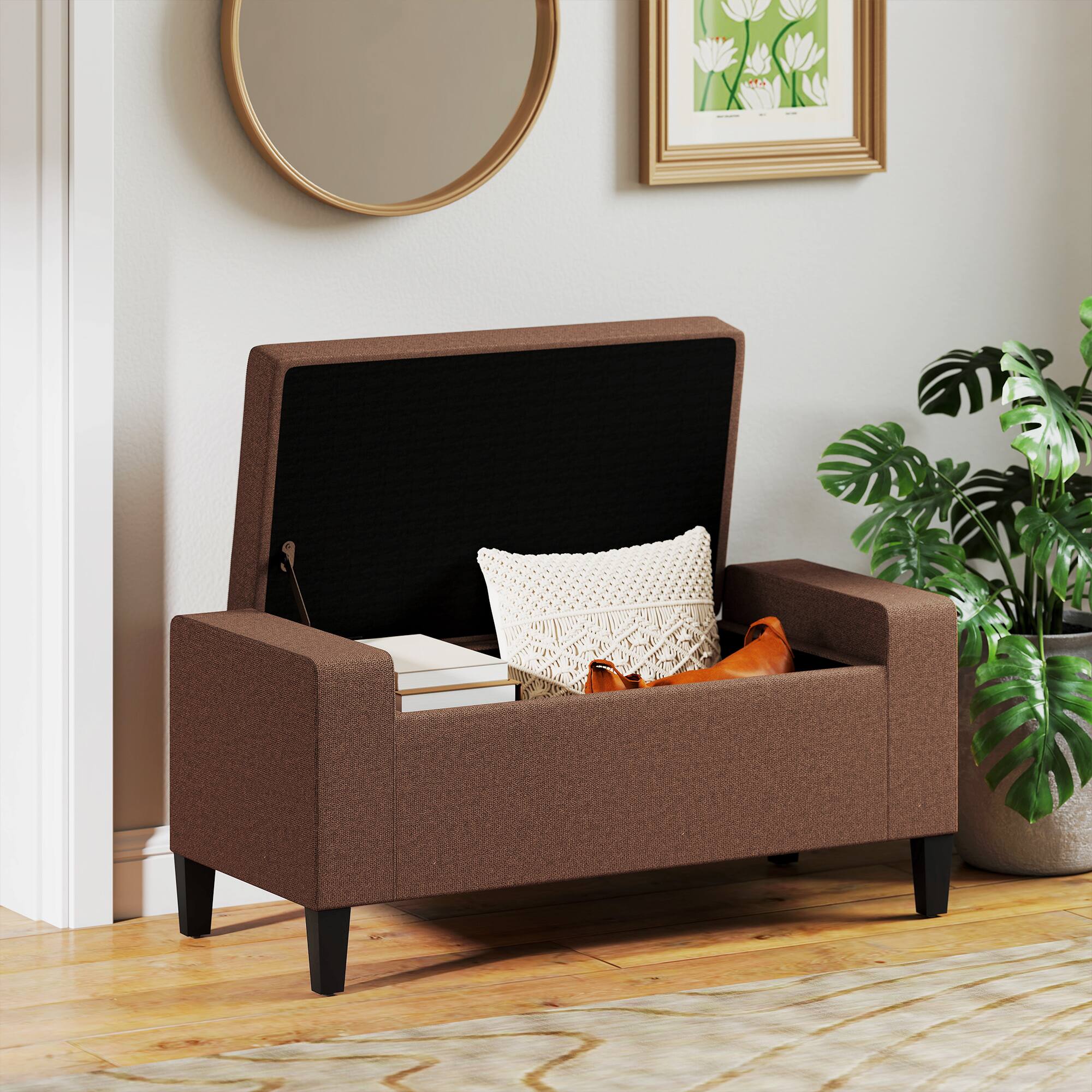 Alt View 6. Homcom - Storage Ottoman, Linen Upholstered Storage Bench with Lift Top and Button Tufted for Living Room - Brown.