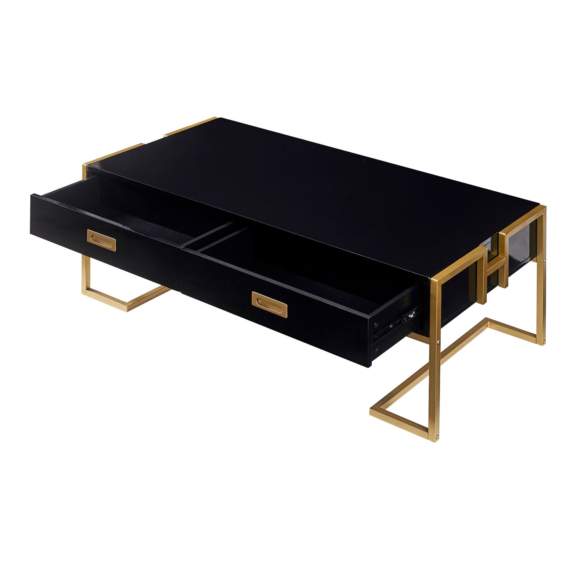 Alt View 5. GOODSILO - Modern Rectangular Coffee Table with Drawers and Metallic Base - Black+Gold.