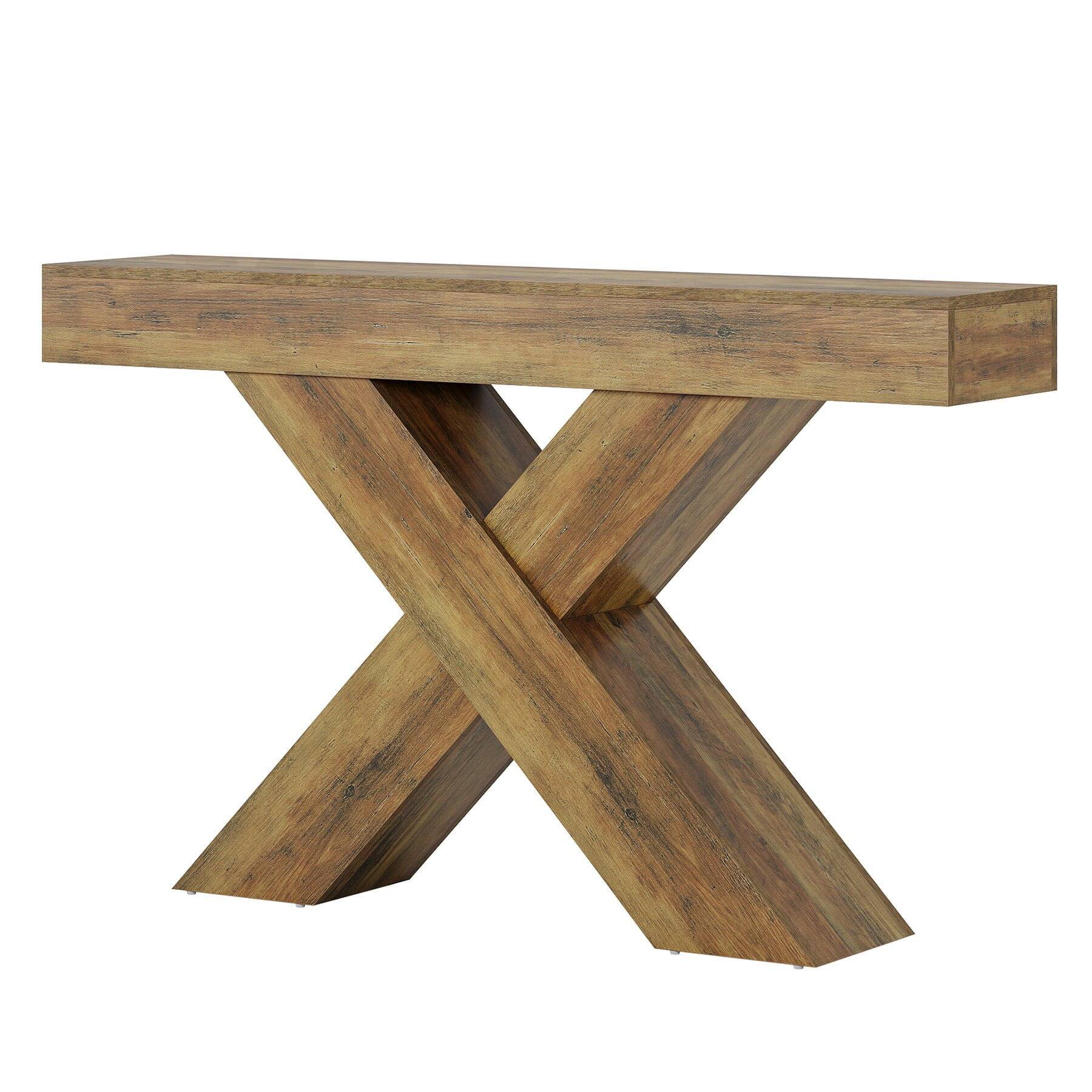 Angle. Kadyn - Handcrafted Wooden Console Table - X Base, Vintage Sofa Side Table, Living Room Decor, Sturdy & Stylish, Brown - Brown.