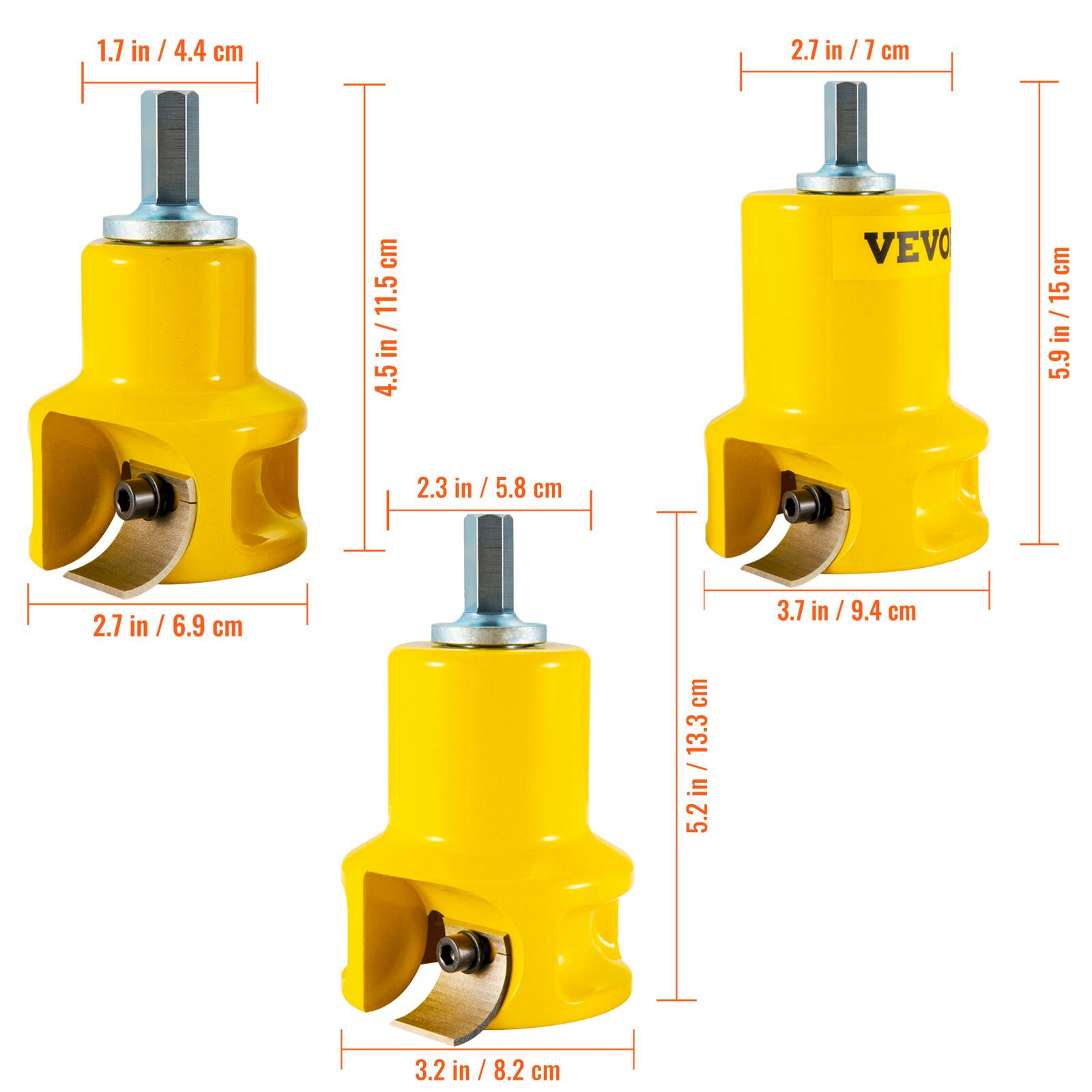 1.7 in / 4.4 cm  
4.5 in / 11.5 cm  
2.3 in / 5.8 cm  
2.7 in / 6.9 cm  
3.2 in / 8.2 cm  
5.2 in / 13.3 cm  
2.7 in / 7 cm  
3.7 in / 9.4 cm  
5.9 in / 15 cm