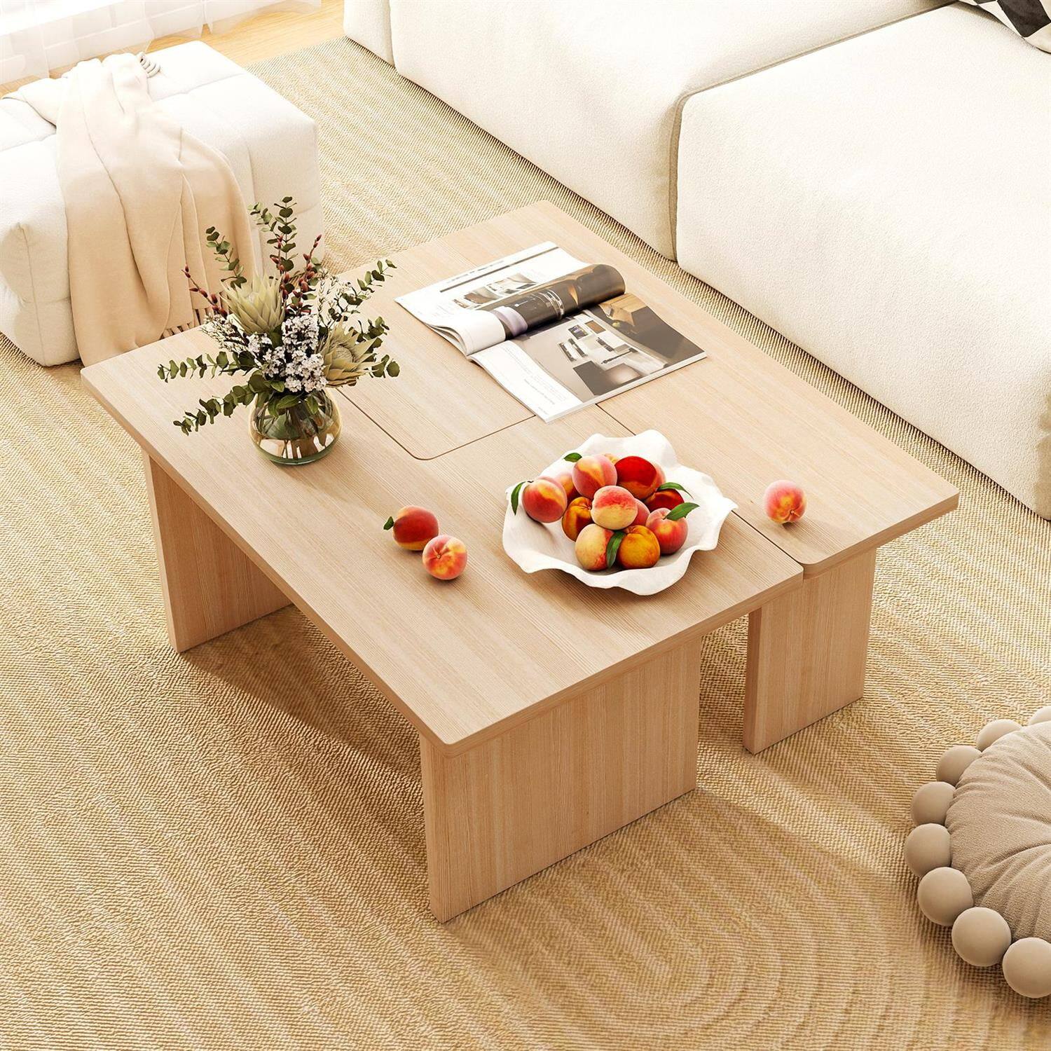 Angle. Pefilos - Modular Coffee Table Set (2 Pieces), L-Shaped Reconfigurable Structure, Small Space Optimized, Oak - Brown.