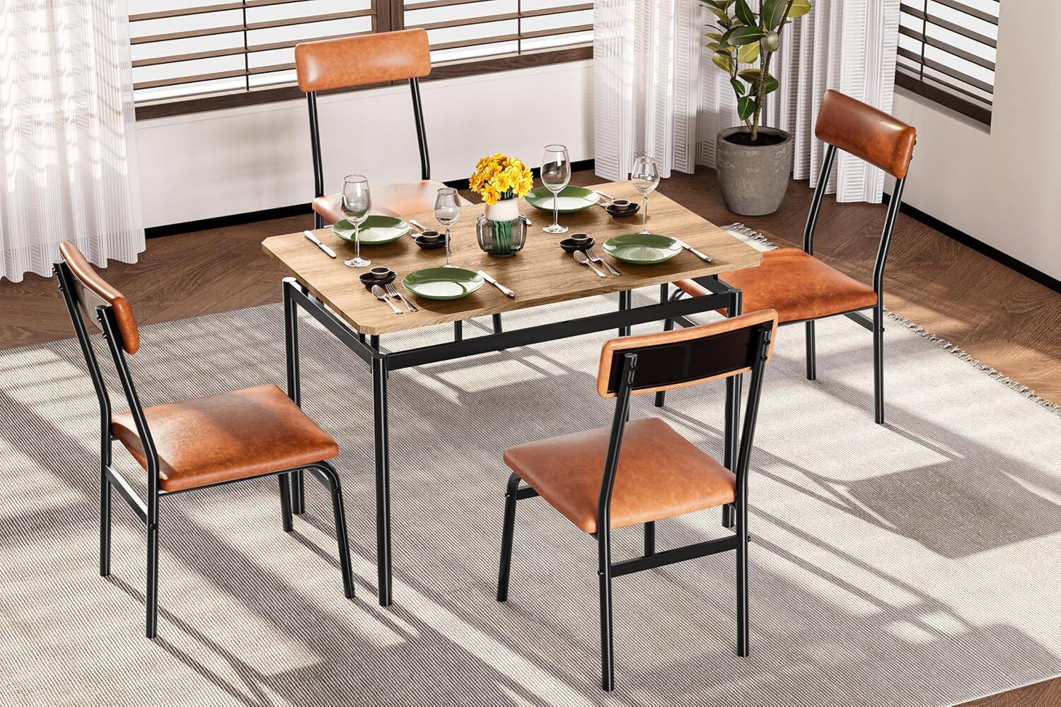 Left. Qeetex - 5-Piece Industrial Dining Set, Wood Table & 4 PU Upholstered Chairs, Metal Frame Dinette for Kitchen, Apartment - Brown.