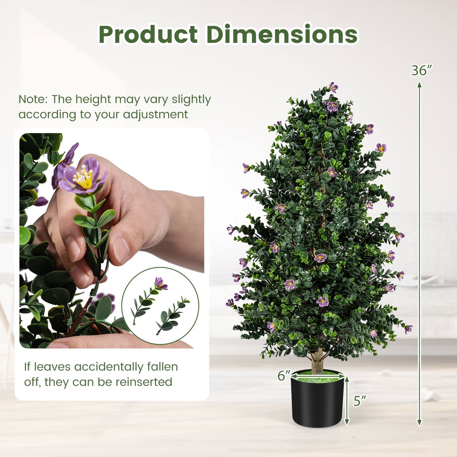 Product Dimensions

Note: The height may vary slightly according to your adjustment

If leaves accidentally fallen off, they can be reinserted

36" (height)
6" (diameter of the pot)
5" (depth of the pot)
