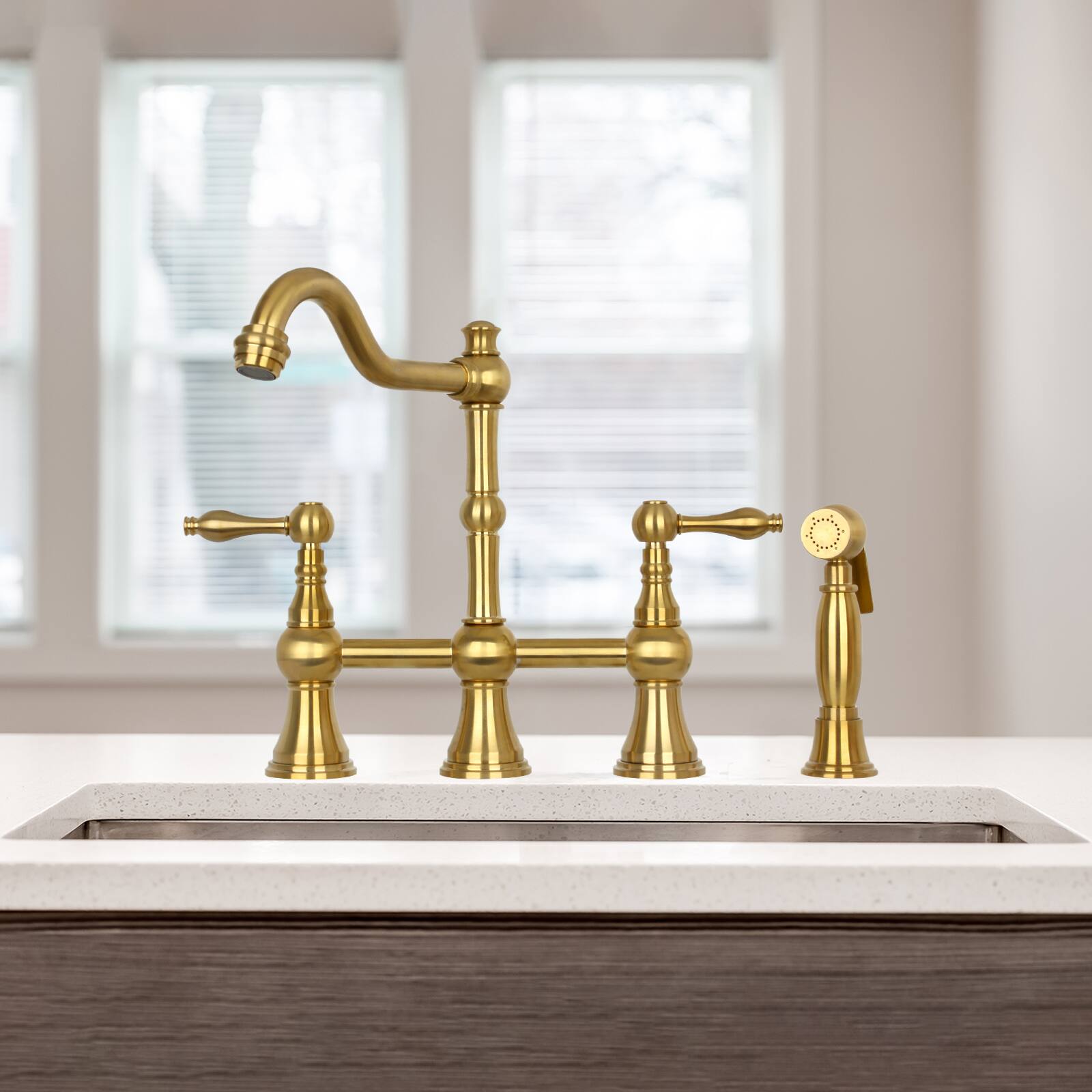 Alt View 3. Akicon - Akicon Solid Brass Bridge Kitchen Faucets with Side Sprayer 2 Lever Handles in Brushed Gold - Brushed Gold.
