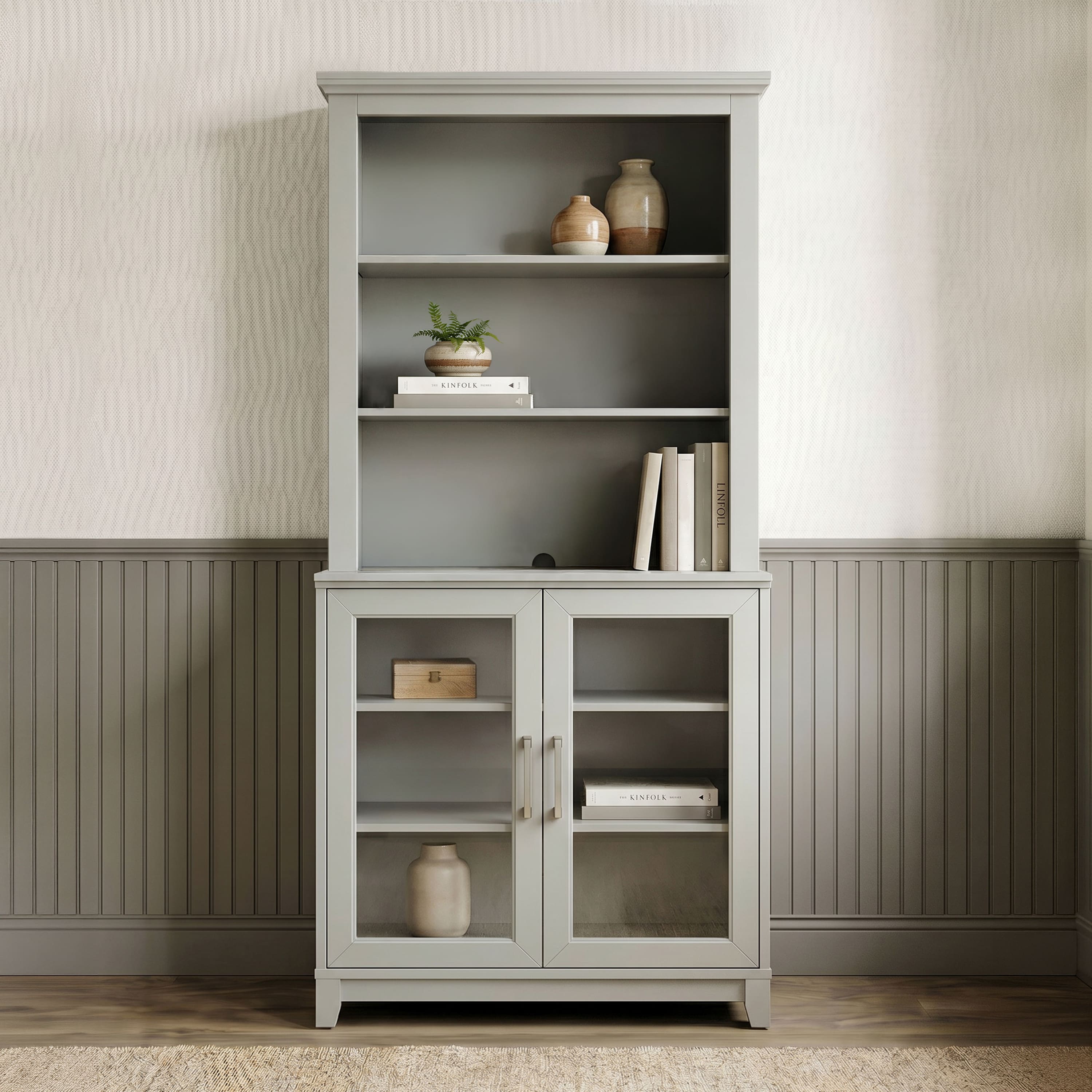 Martha Stewart - Bedford 2-Piece Modular Wood Cabinet and Hutch Set, Premium Hardware, Open Top Shelves, Soft-Close Glass Doors - Bedford Gray/Brushed Stainless Steel Hardware price history on PriceWatchPro