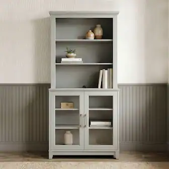 Martha Stewart - Bedford 2-Piece Modular Wood Cabinet and Hutch Set, Premium Hardware, Open Top Shelves, Soft-Close Glass Doors - Bedford Gray/Brushed Stainless Steel Hardware