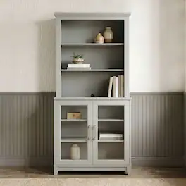 Martha Stewart - Bedford 2-Piece Modular Wood Cabinet and Hutch Set, Premium Hardware, Open Top Shelves, Soft-Close Glass Doors - Bedford Gray/Brushed Stainless Steel Hardware