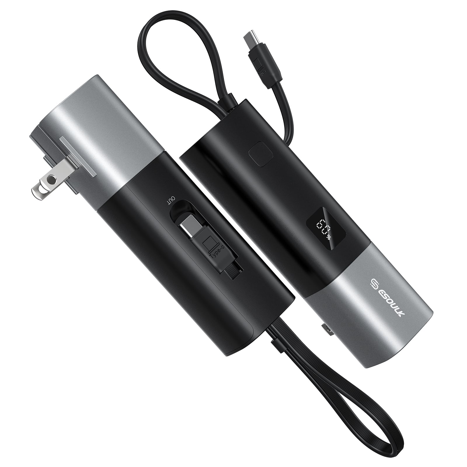 Esoulk - 5000mAh PD 20W Power Bank with Built-in Foldable AC Wall Plug and USB-C Cable - Black