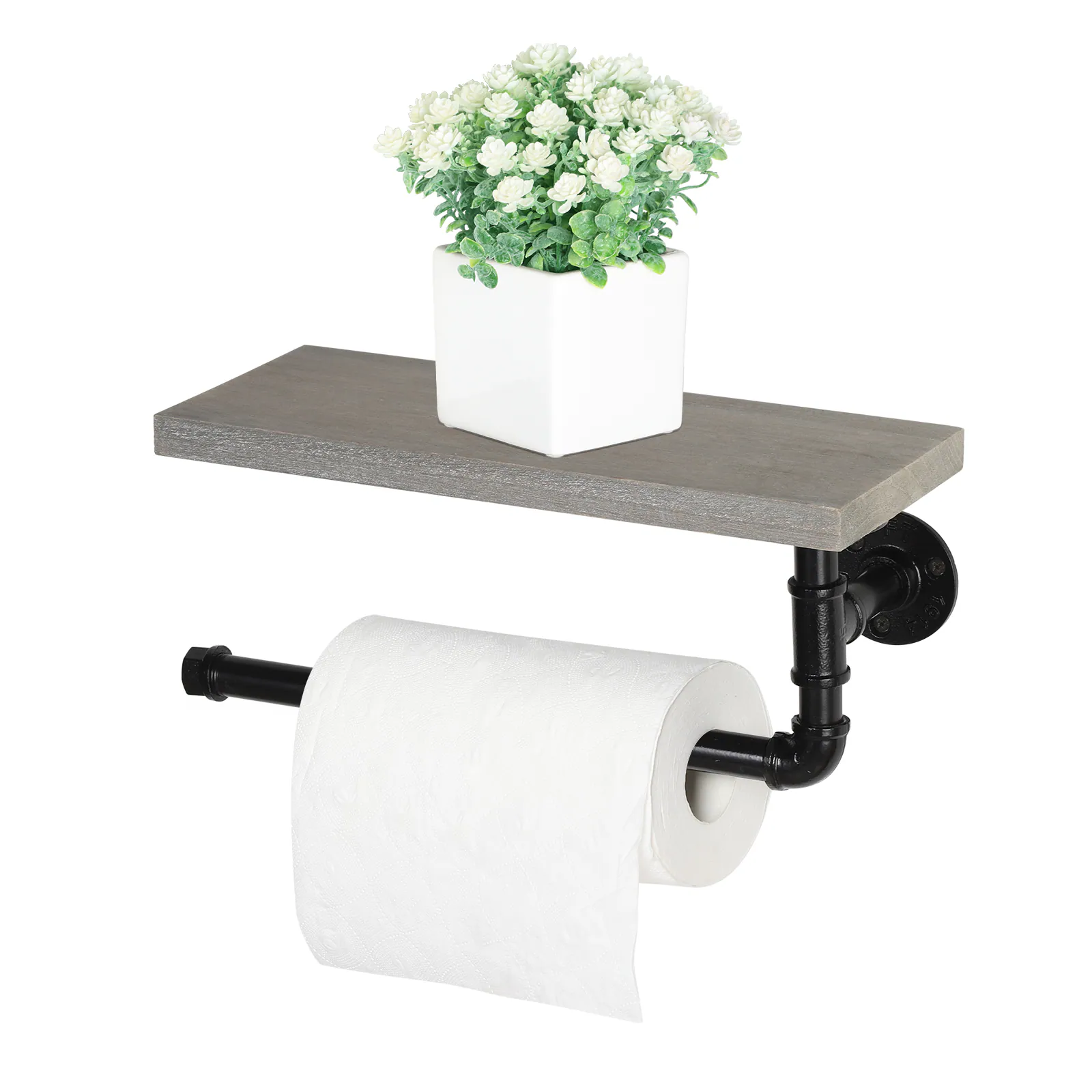 Front. Oumilen - Industrial Pipe Wall Mounted Paper Towel Holder with Grey Green Shelf – Kitchen Bathroom Rack.