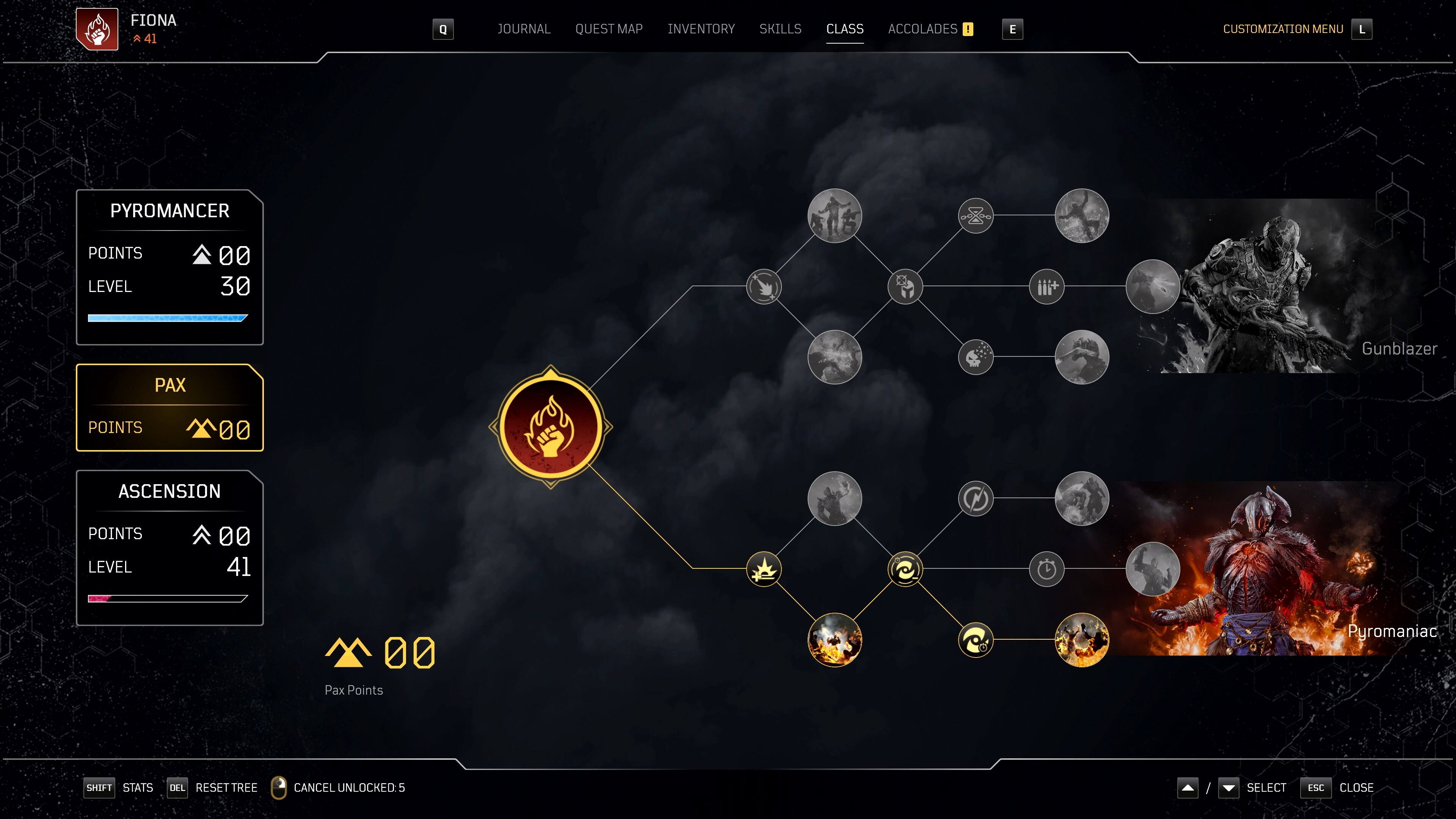 The image shows a screen with a map and a character named Fiona. The character is a Pyromancer, and the map is a skill tree. The screen also displays the character's inventory, skills, and class. The character has 41 points, and the game is set at level 41. The player can earn points by completing quests, and the game offers various customization options. The player can also reset the skill tree and access the character's stats. The game is set in a dark environment, and the player can close the screen by pressing the "Esc" button.