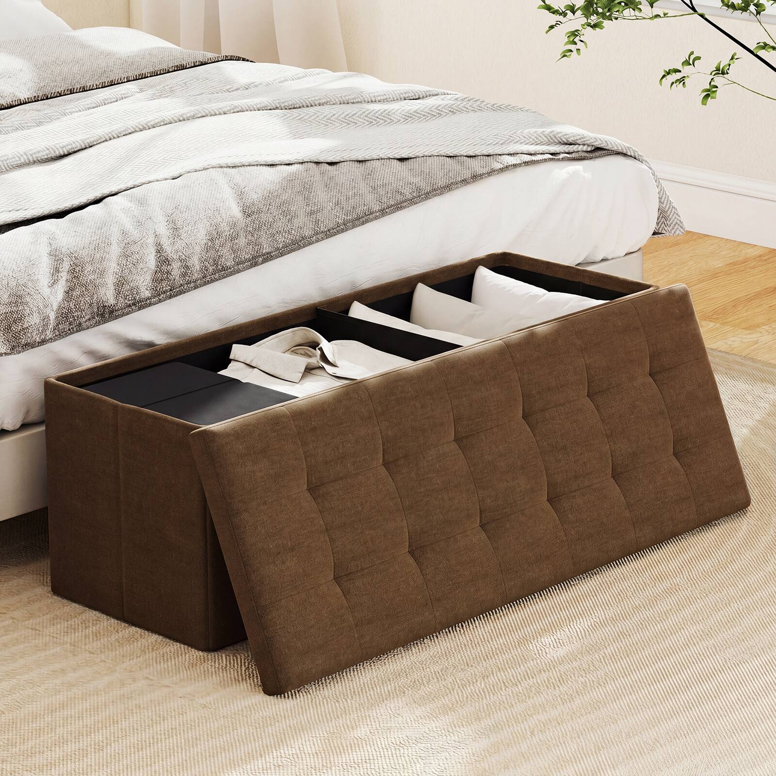 Alt View 3. Costway - Costway 43" Folding Storage Ottoman Bench, Linen End of Bed Bench with Padded Seat, Pocket - Brown.