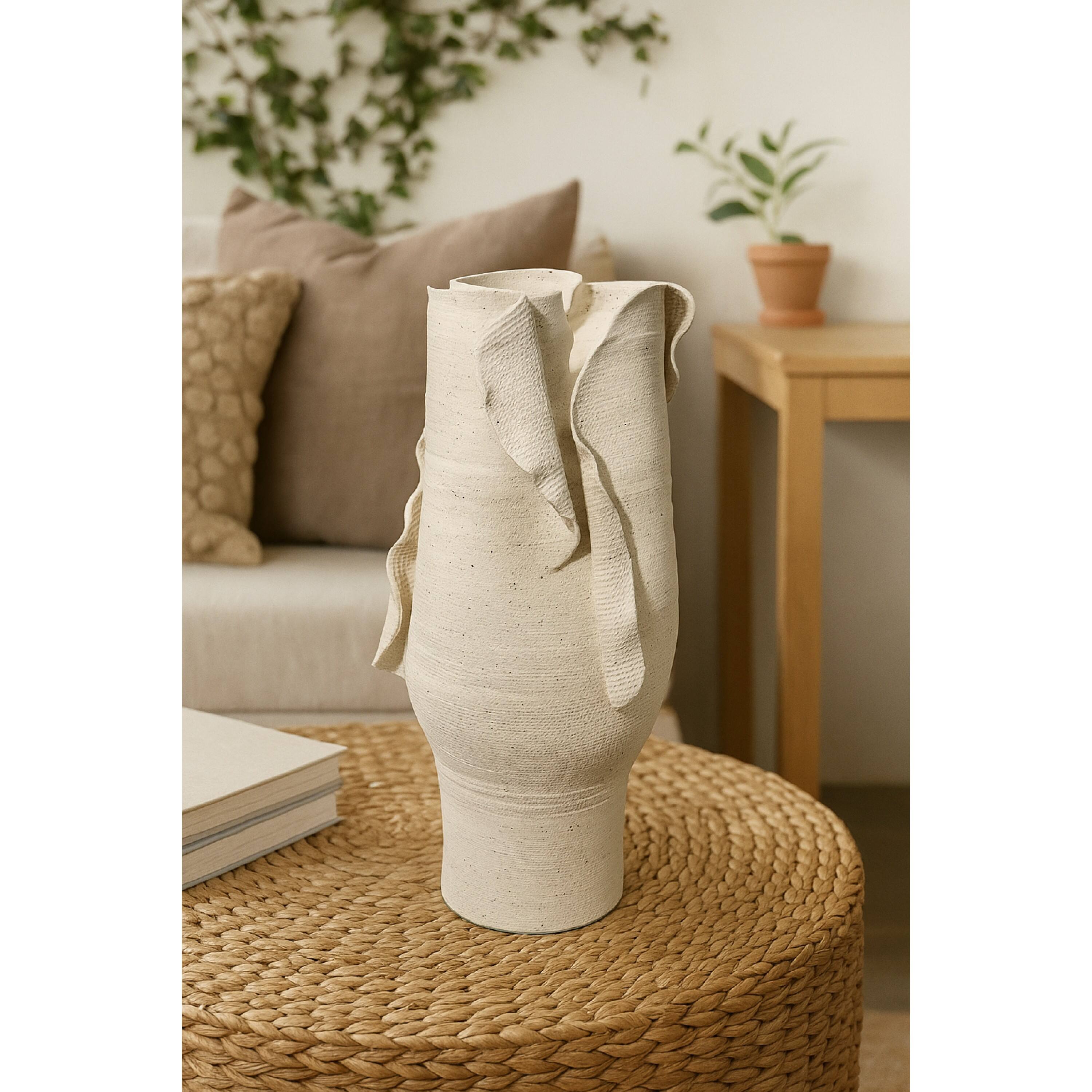Alt View 4. Manhattan Lane - Tio Modern Vase Vessel, Flowing Petal Folds,  Porcelain 19 Inch - White.