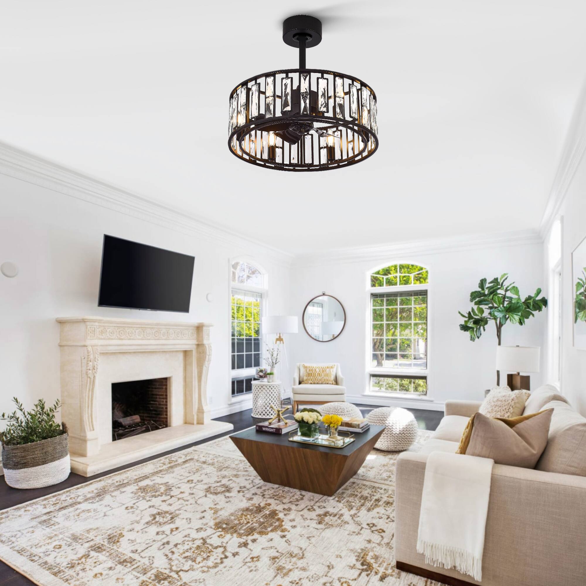 Alt View 1. Breezary - 20" Fandelier Cage Ceiling Fan with 5 ABS Blades, 3-Speed AC Motor, 5" & 10" Downrods, Remote Control & Timer - Matte Black.