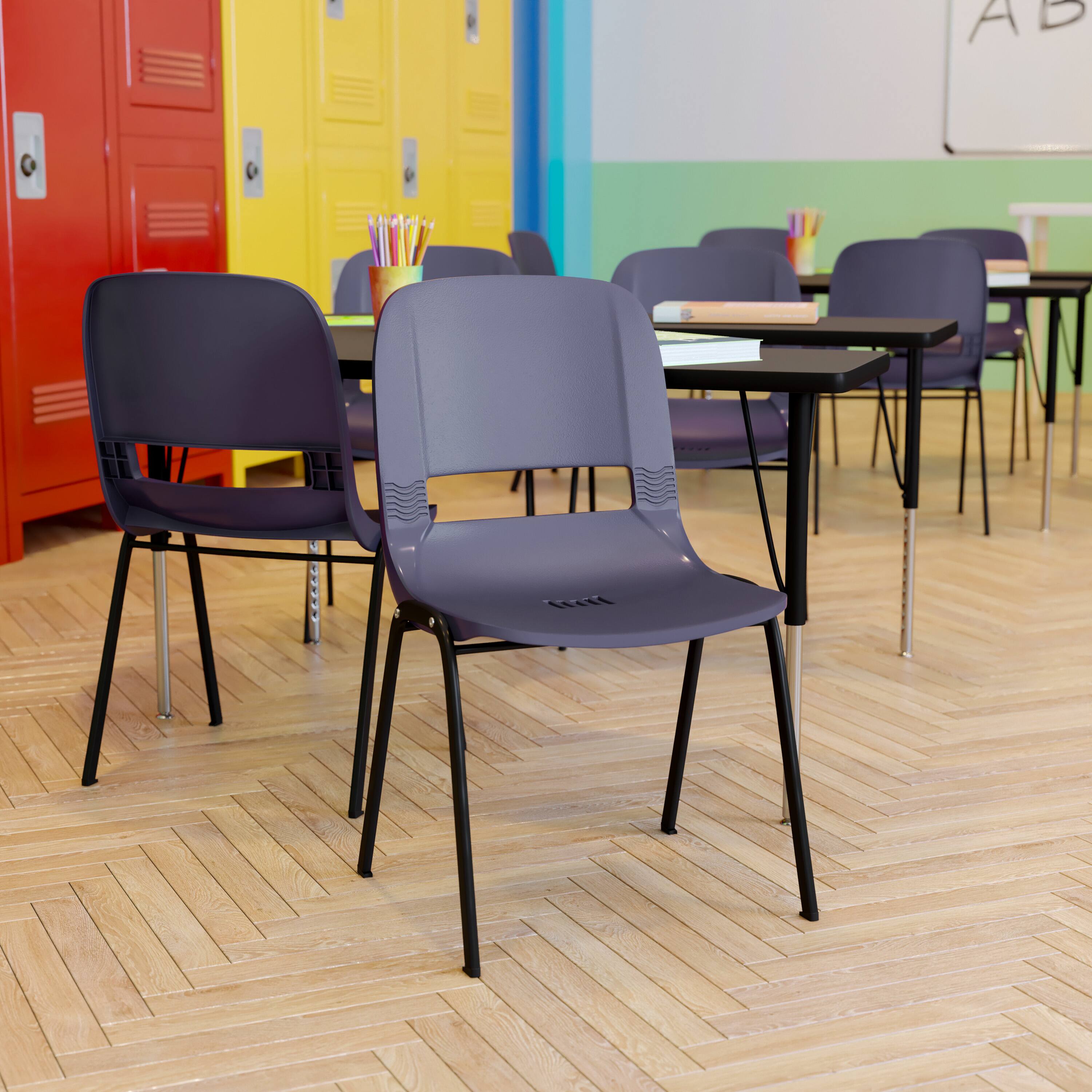 Alt View 1. Emma + Oliver - Ergonomic Shell Stack Chair - 16" Seat Daycare Home School - True Navy Plastic/Black Frame.