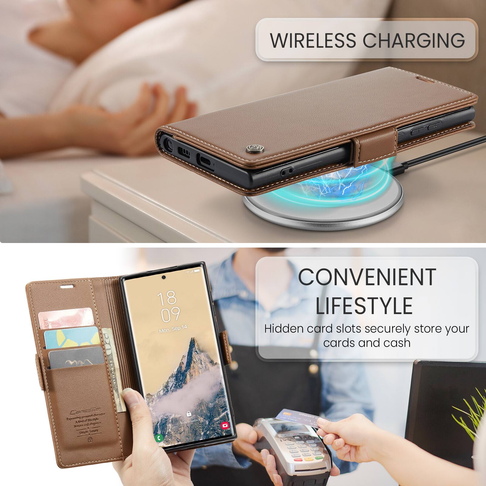 WIRELESS CHARGING

18 09 Sep 14 Mon,

CONVENIENT LIFESTYLE
Hidden card slots securely store your cards and cash