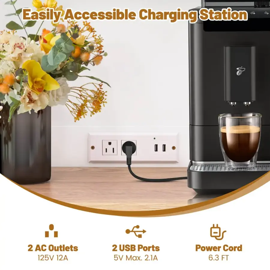 Easily Accessible Charging Station: 2 AC Outlets, 125V, 12A, 2 USB Ports (5V Max, 2.1A), Power Cord (6.3 FT).