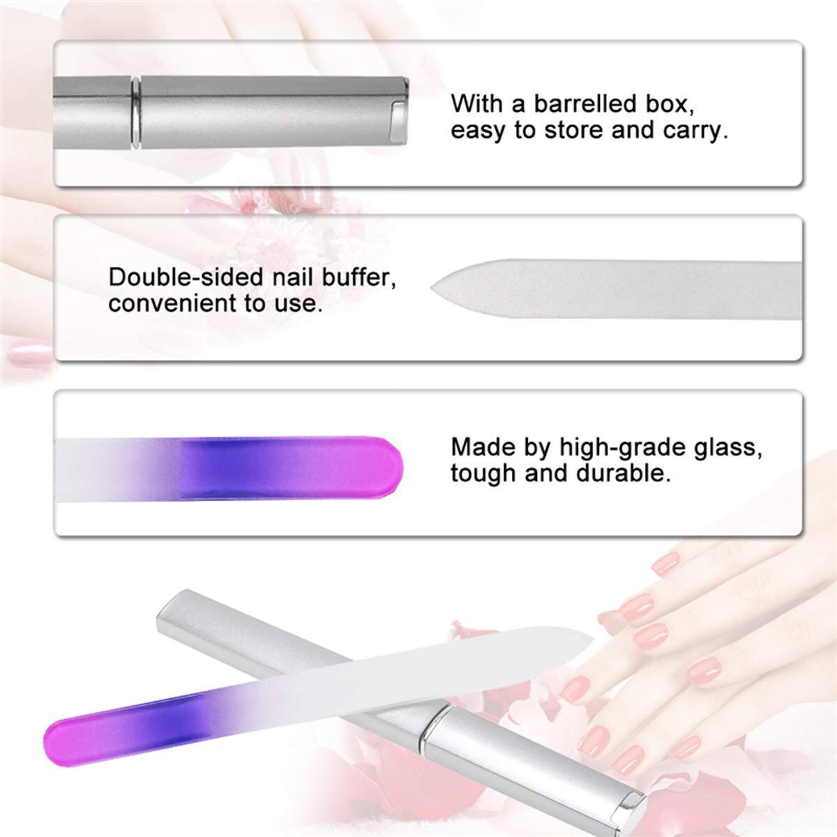 - With a barrelled box, easy to store and carry.
- Double-sided nail buffer, convenient to use.
- Made by high-grade glass, tough and durable.