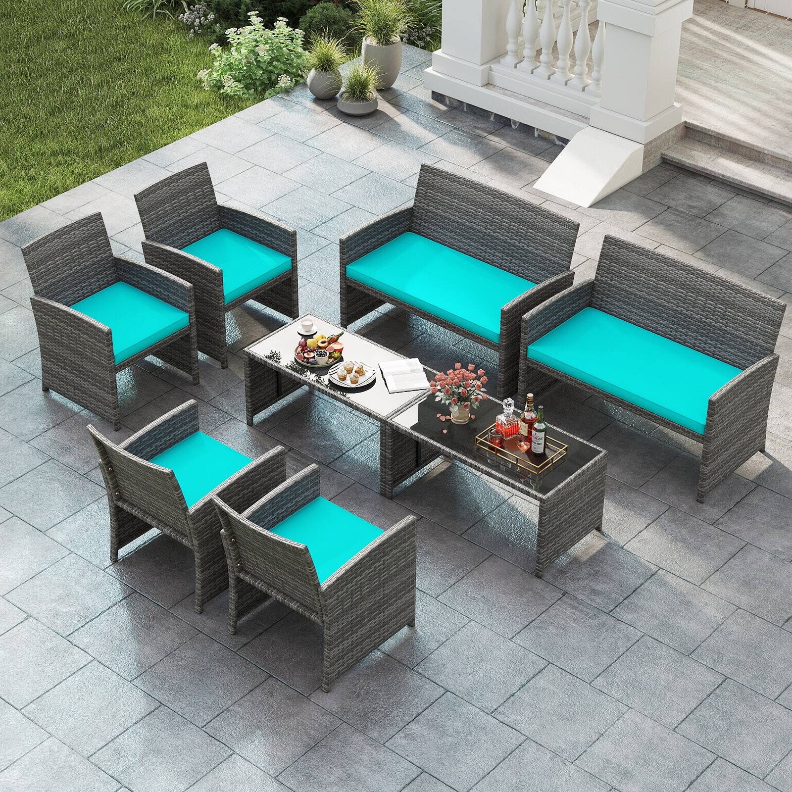 Alt View 1. Gymax - Gymax 8PCS Patio Outdoor Conversation Set w/Seat Cushions & Tempered Glass Tabletop Turquoise - Turquoise.