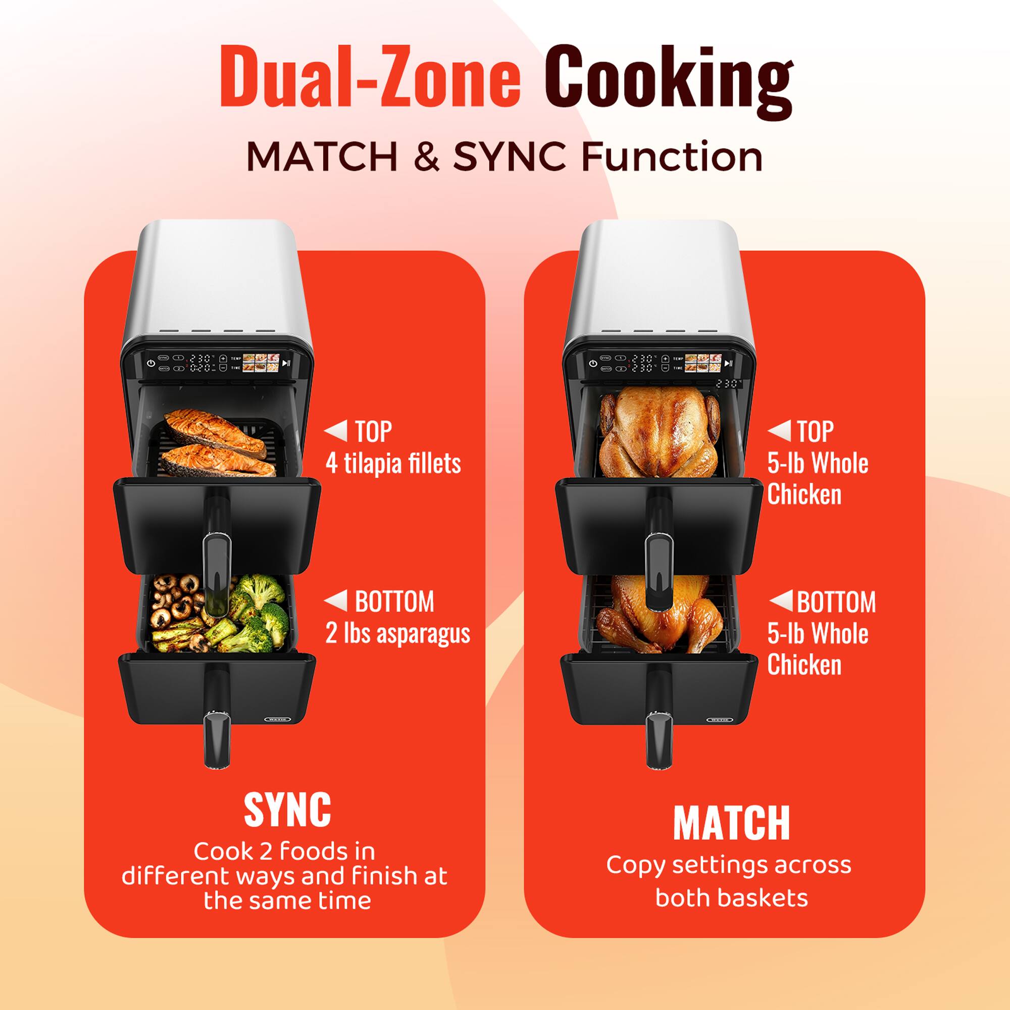Dual-Zone Cooking  
MATCH & SYNC Function  

TOP  
4 tilapia fillets  

BOTTOM  
2 lbs asparagus  

SYNC  
Cook 2 foods in different ways and finish at the same time  

TOP  
5-lb Whole Chicken  

BOTTOM  
5-lb Whole Chicken  

MATCH  
Copy settings across both baskets