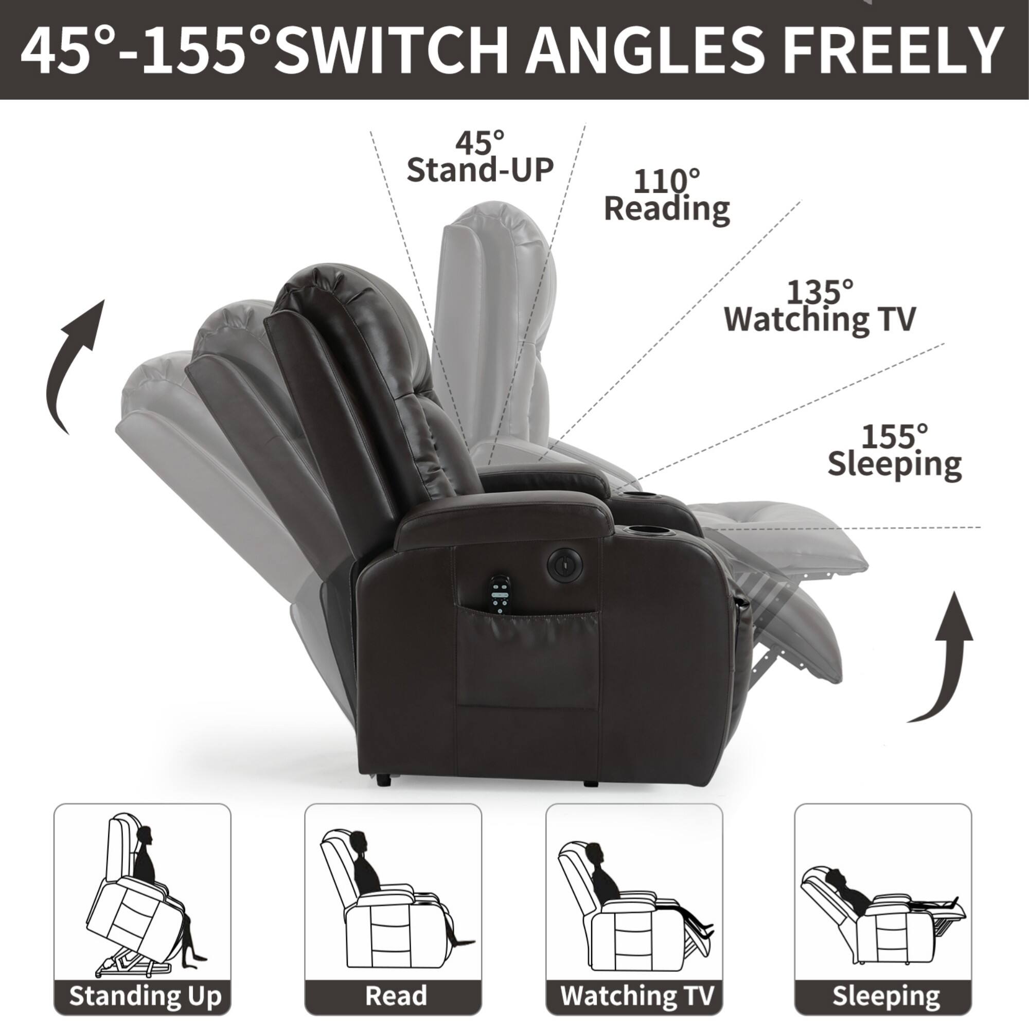 45°-155° SWITCH ANGLES FREELY

45° Stand-Up  
110° Reading  
135° Watching TV  
155° Sleeping  

Standing Up  
Read  
Watching TV  
Sleeping