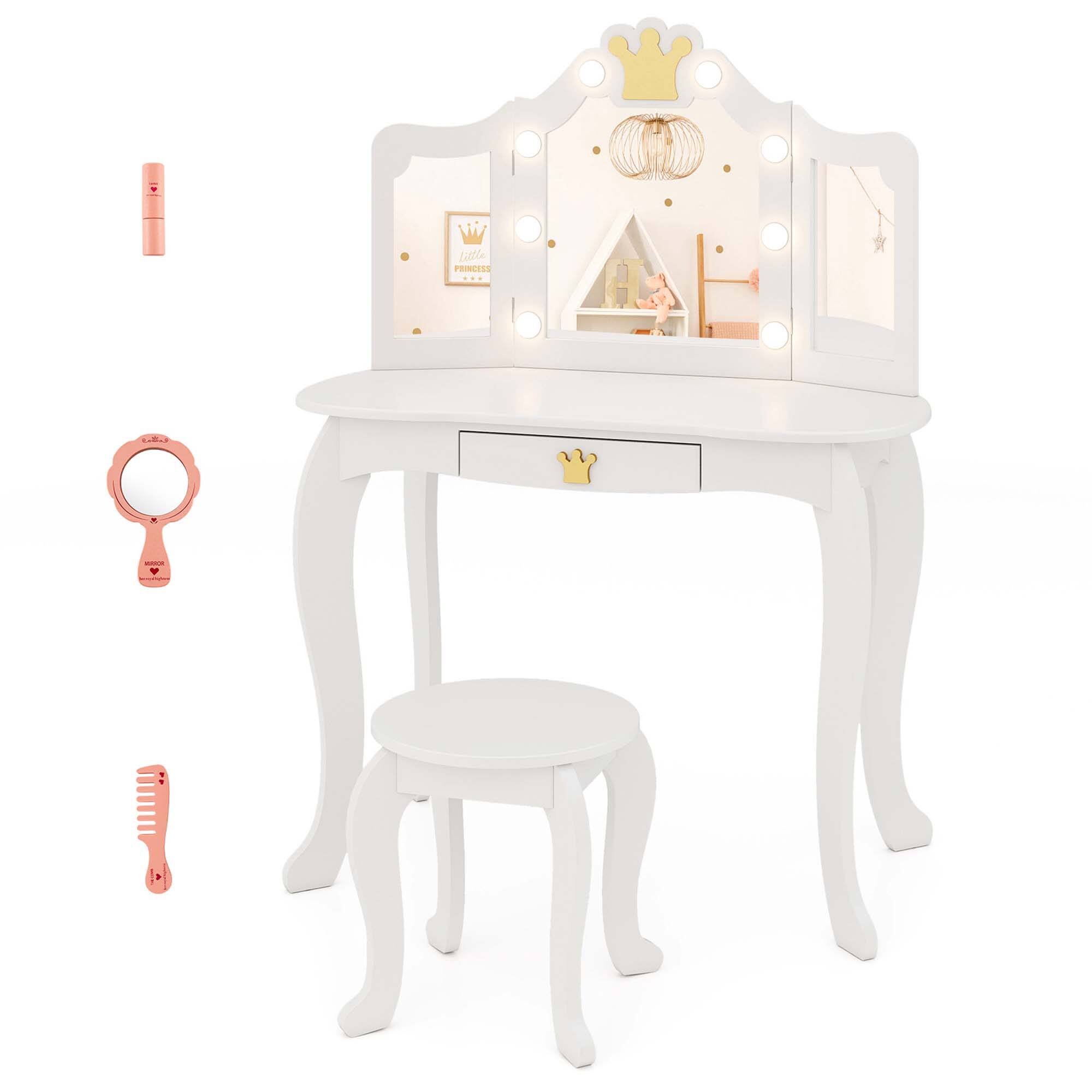 Costway - Kids Vanity Set Princess Vanity Table & Chair Set with Lighted Mirror - White
