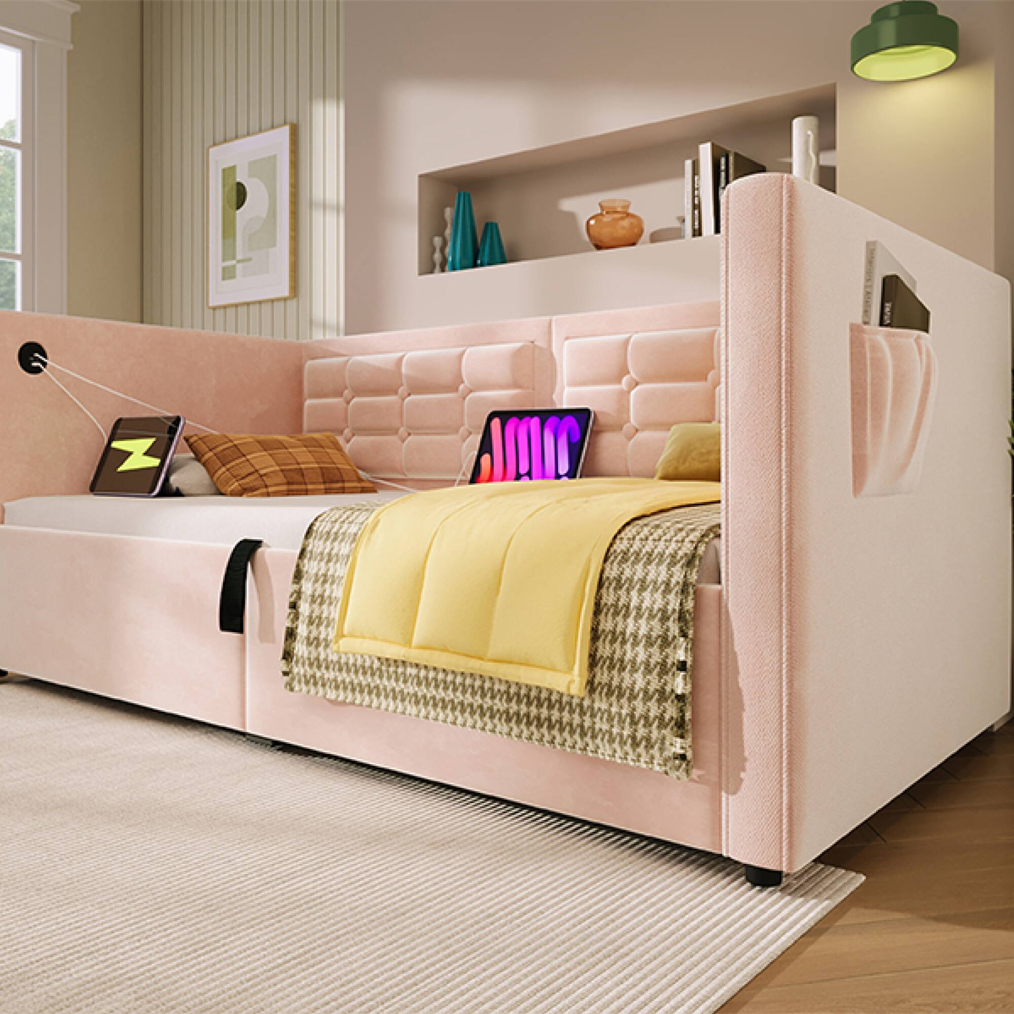 Angle. GOODSILO - Upholstered Twin Size Daybed with Hydraulic Storage and USB Charging, Tufted Sofa Back Design - Pink.