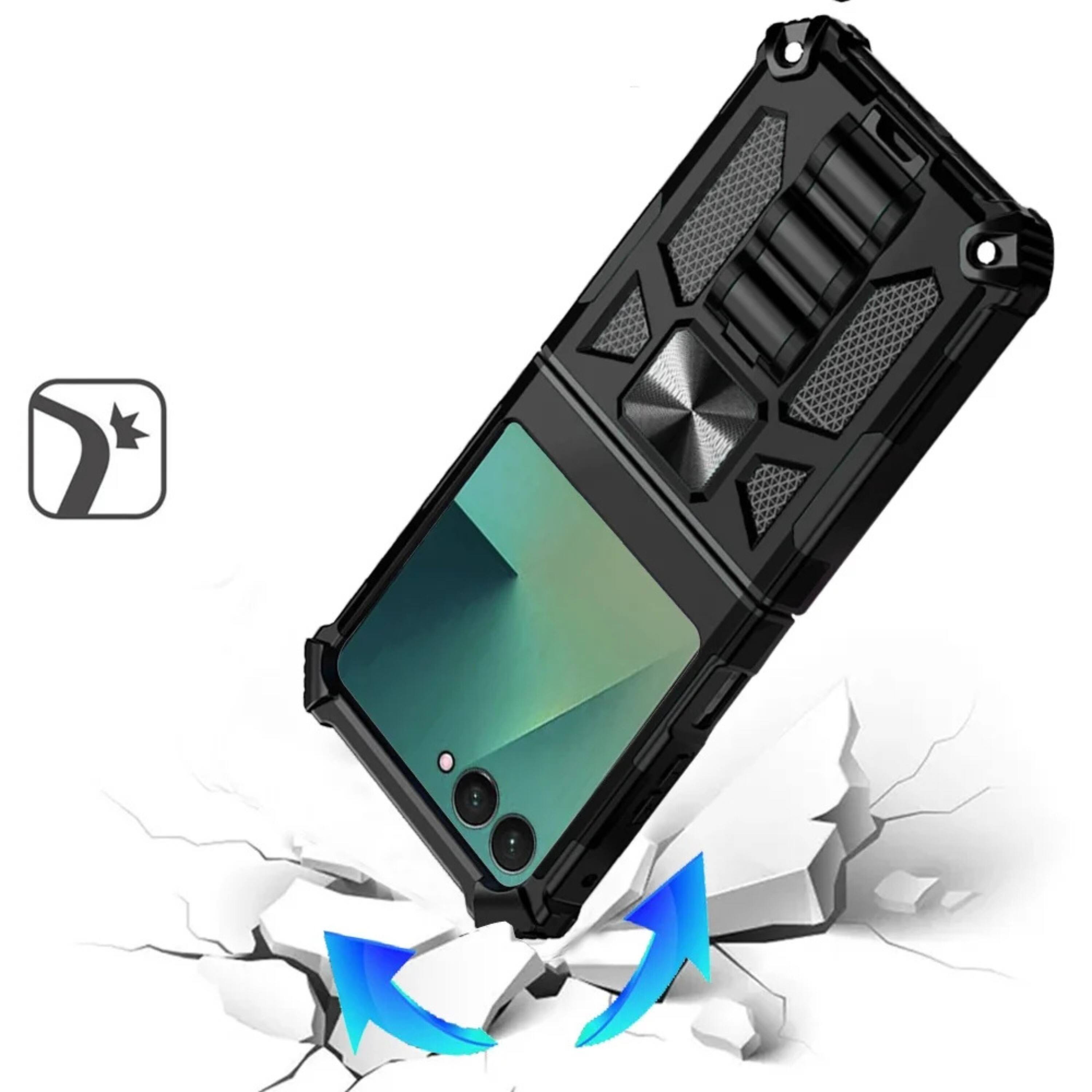 Angle. Kitcheniva - Modern Shockproof Stand Case With Metal Plate And Tempered Glass For Samsung Z Flip7 Dark Blue - Dark Blue.