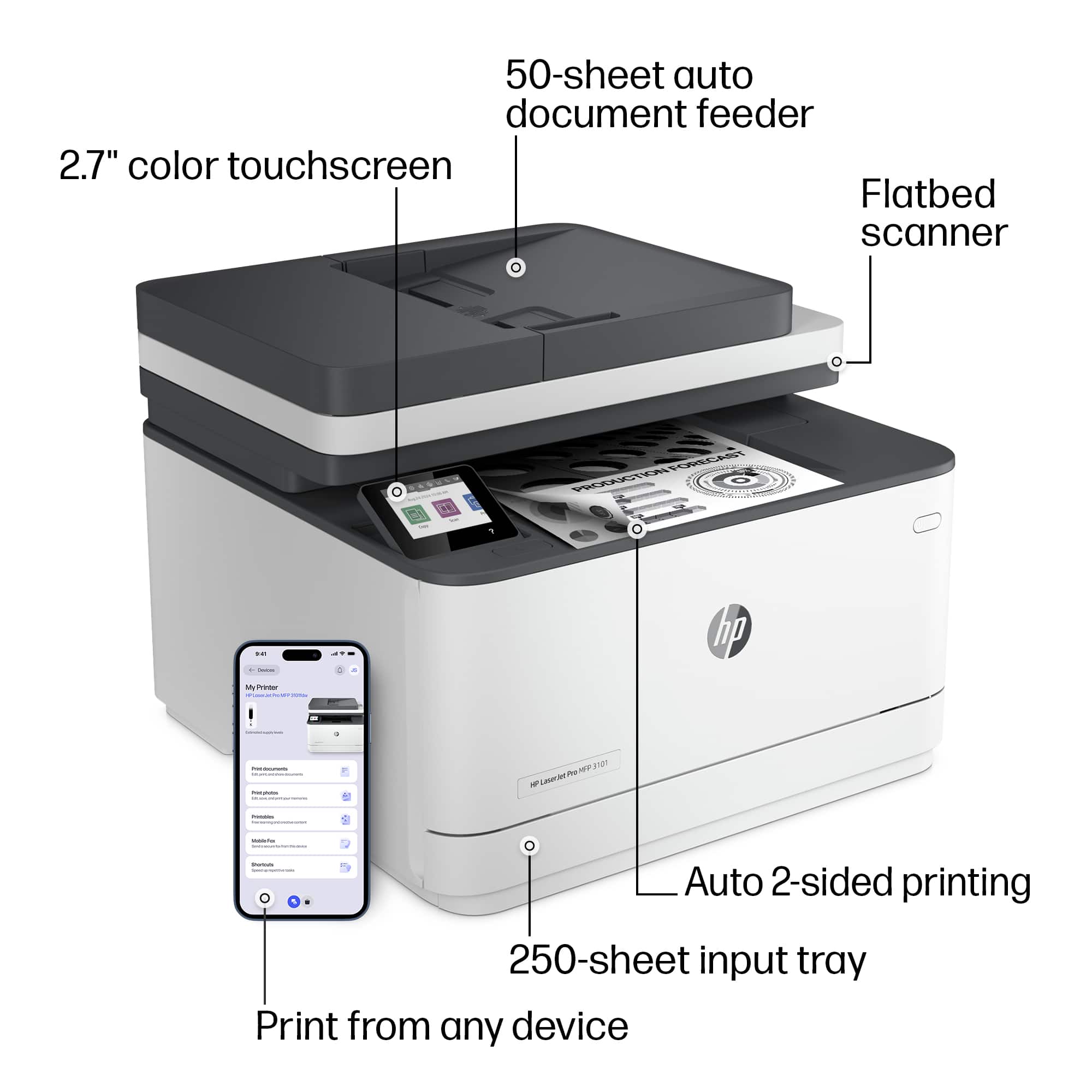 - 50-sheet auto document feeder
- 2.7" color touchscreen
- Flatbed scanner
- Auto 2-sided printing
- 250-sheet input tray
- Print from any device