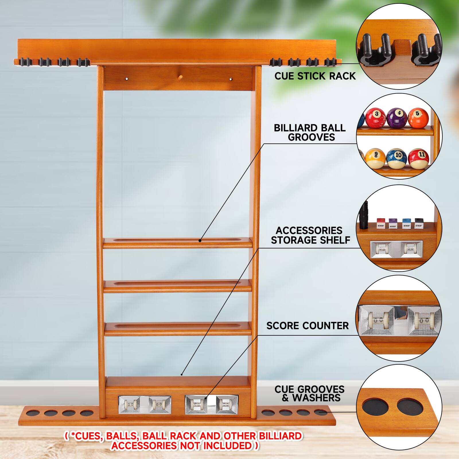 CUE STICK RACK, BILLIARD BALL GROOVES, ACCESSORIES STORAGE SHELF, SCORE COUNTER, CUE GROOVES & WASHERS, (*CUES, BALLS, BALL RACK AND OTHER BILLIARD ACCESSORIES NOT INCLUDED)