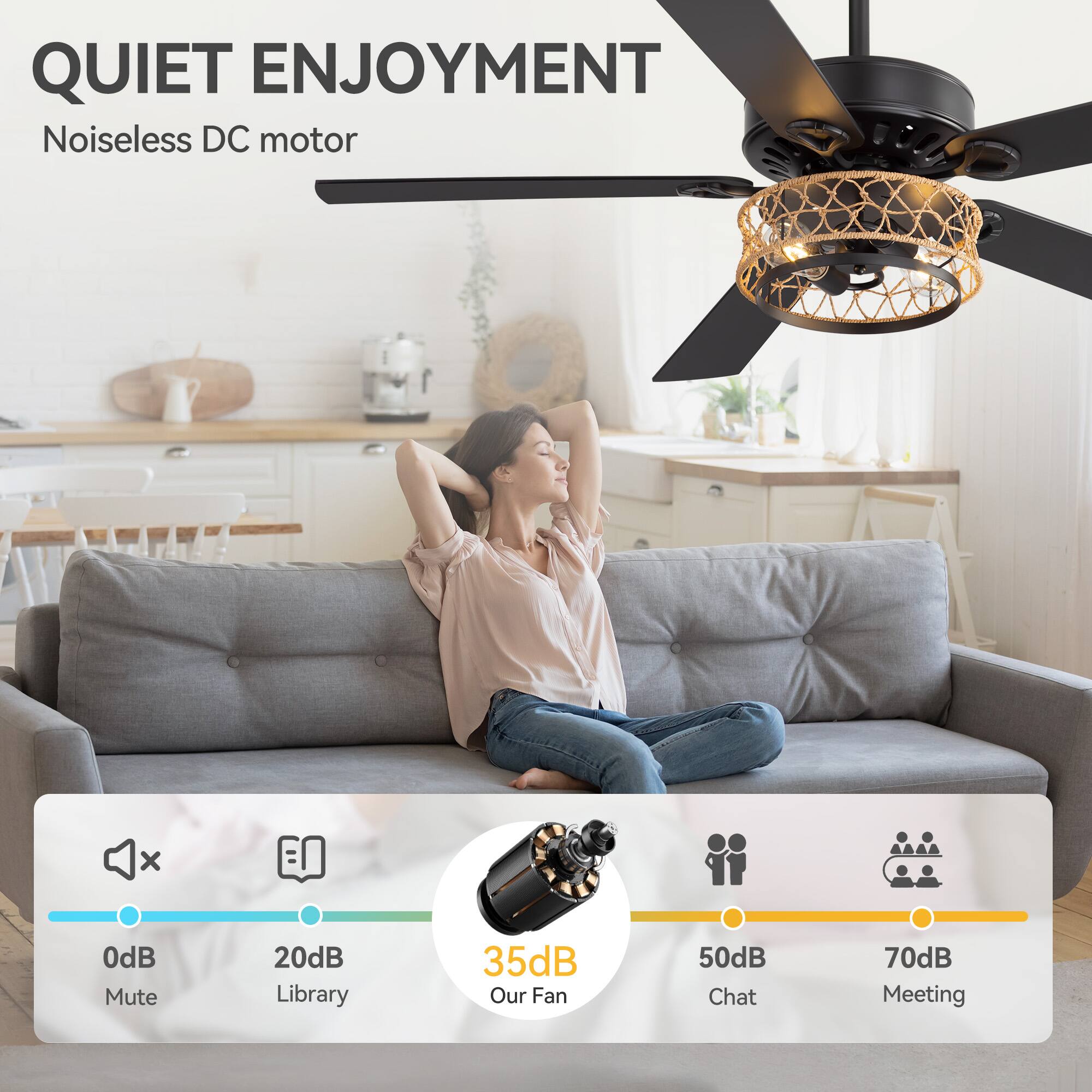 QUIET ENJOYMENT  
Noiseless DC motor  

0dB Mute  
20dB Library  
35dB Our Fan  
50dB Chat  
70dB Meeting