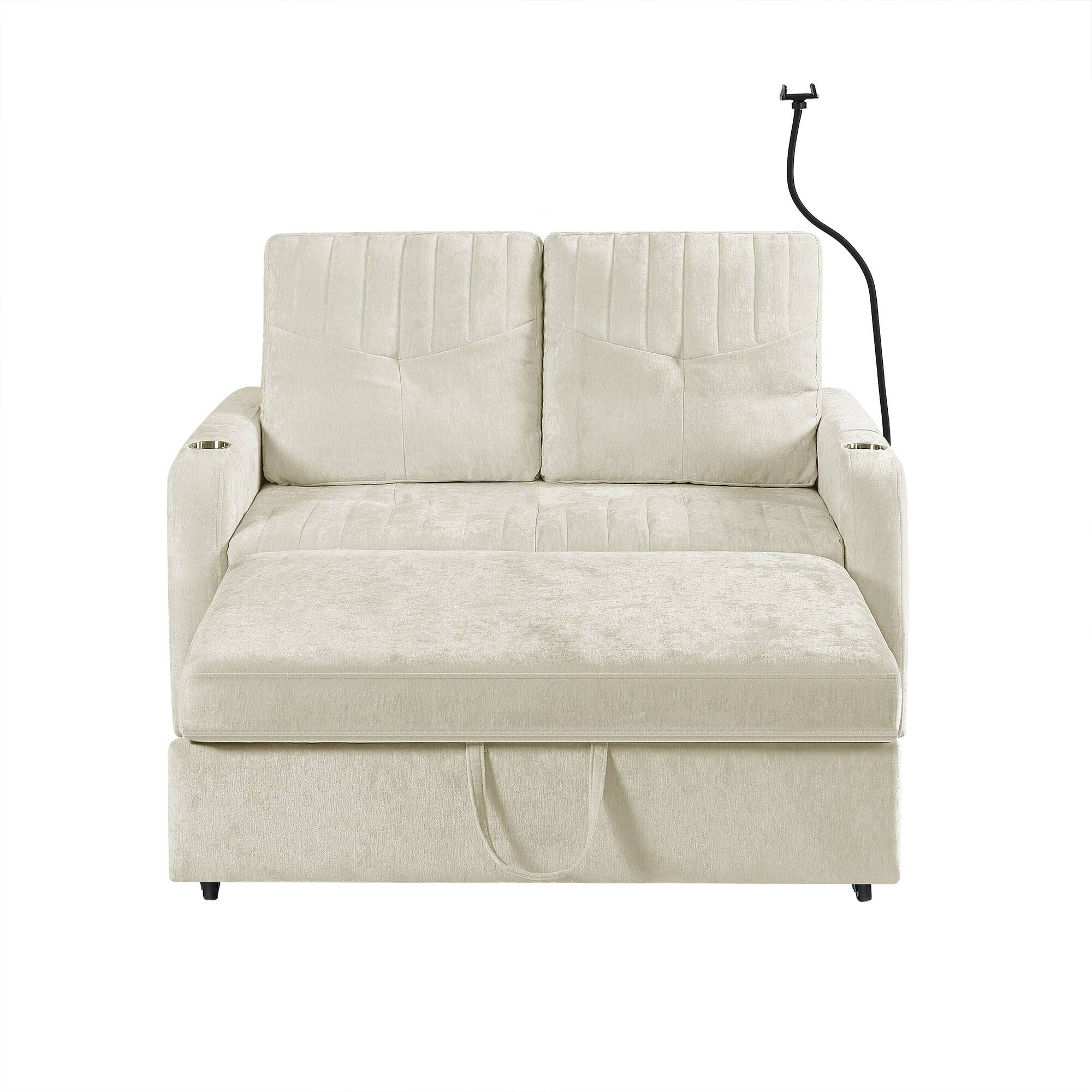 Front. Boyel Living - Multi-Functional 54 Inch Loveseat Sofa Bed with Adjustable Backrest, Charging Ports, and Cup Holders in Beige - Beige.