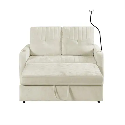 Front. Boyel Living - Multi-Functional 54 Inch Loveseat Sofa Bed with Adjustable Backrest, Charging Ports, and Cup Holders in Beige - Beige.