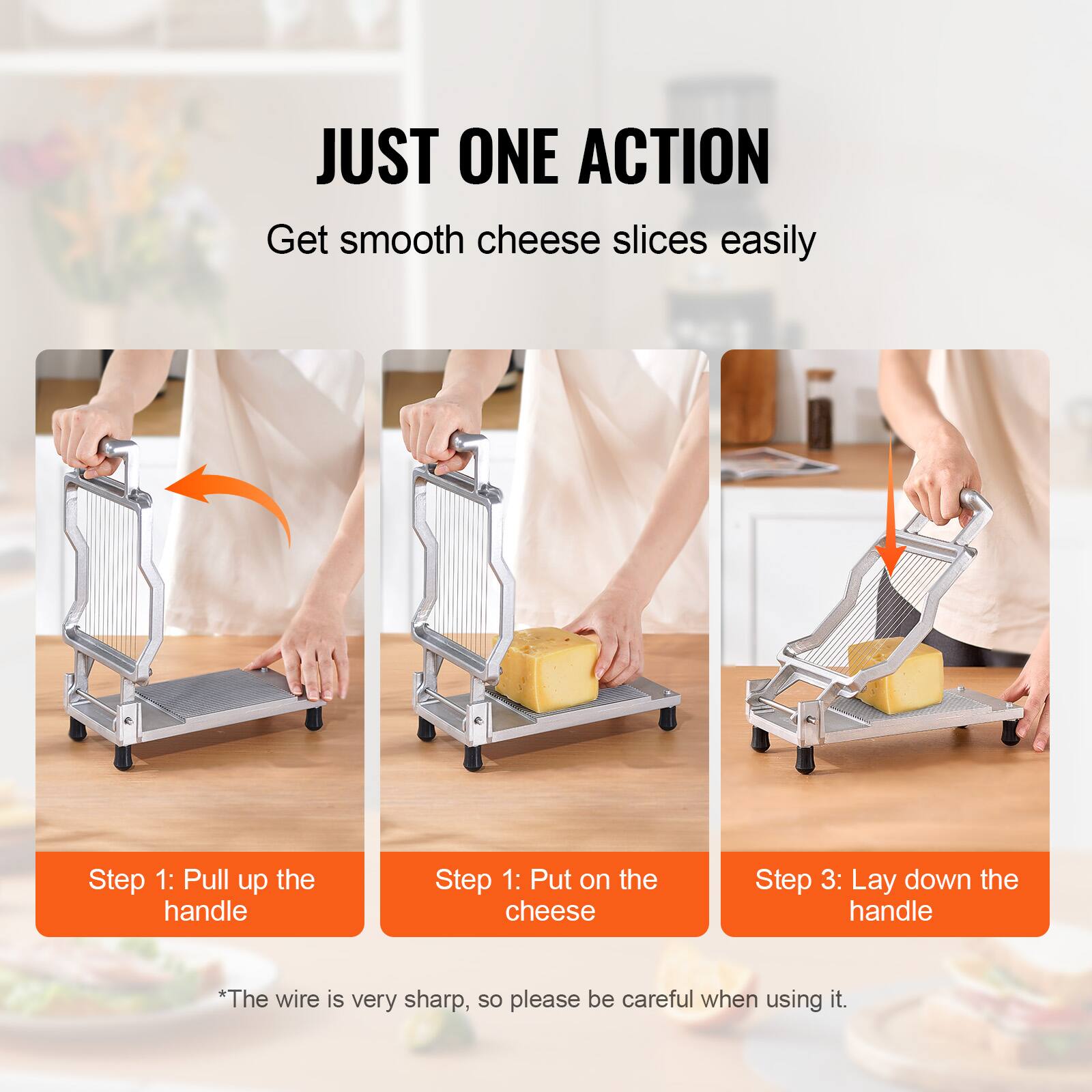 JUST ONE ACTION  
Get smooth cheese slices easily  

Step 1: Pull up the handle  
Step 2: Put on the cheese  
Step 3: Lay down the handle  

*The wire is very sharp, so please be careful when using it.