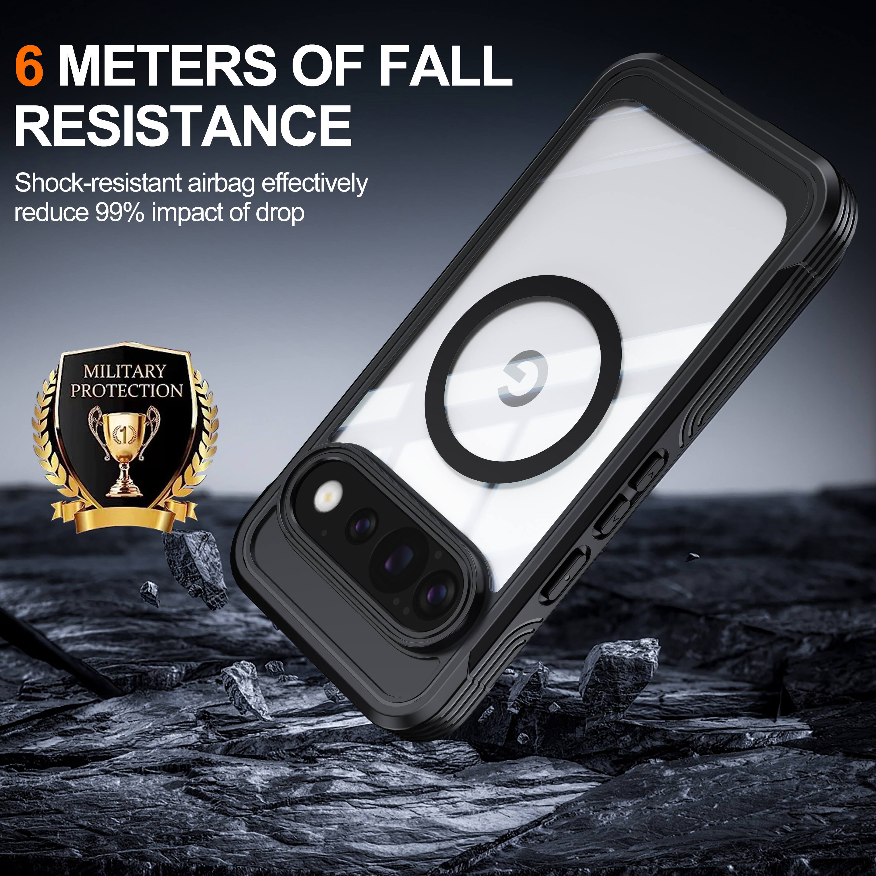 6 METERS OF FALL RESISTANCE  
Shock-resistant airbag effectively reduce 99% impact of drop  
MILITARY PROTECTION