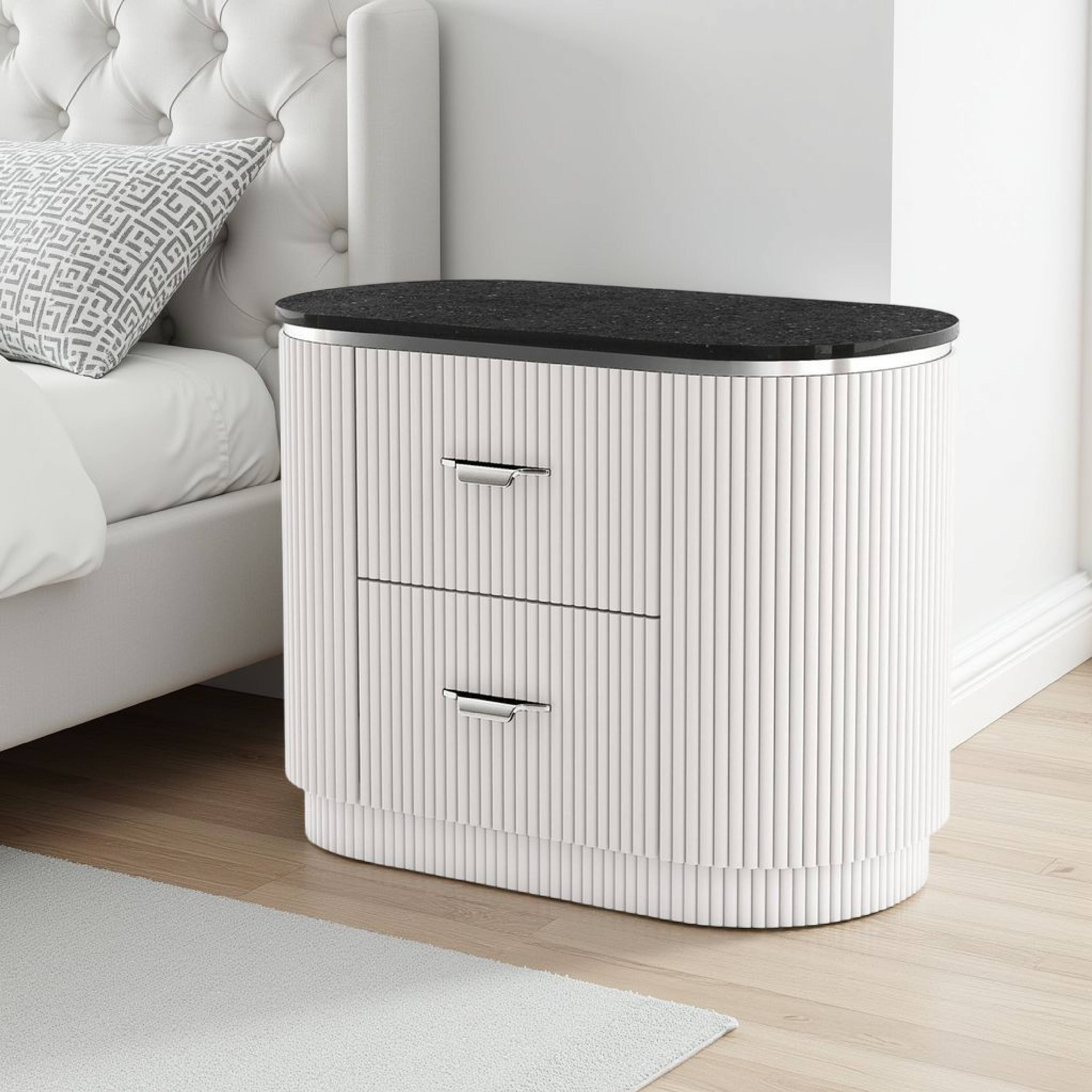 Alt View 5. Manhattan Lane - Alda Nightstand w 2 Drawers, Black Stone Top - Silver.