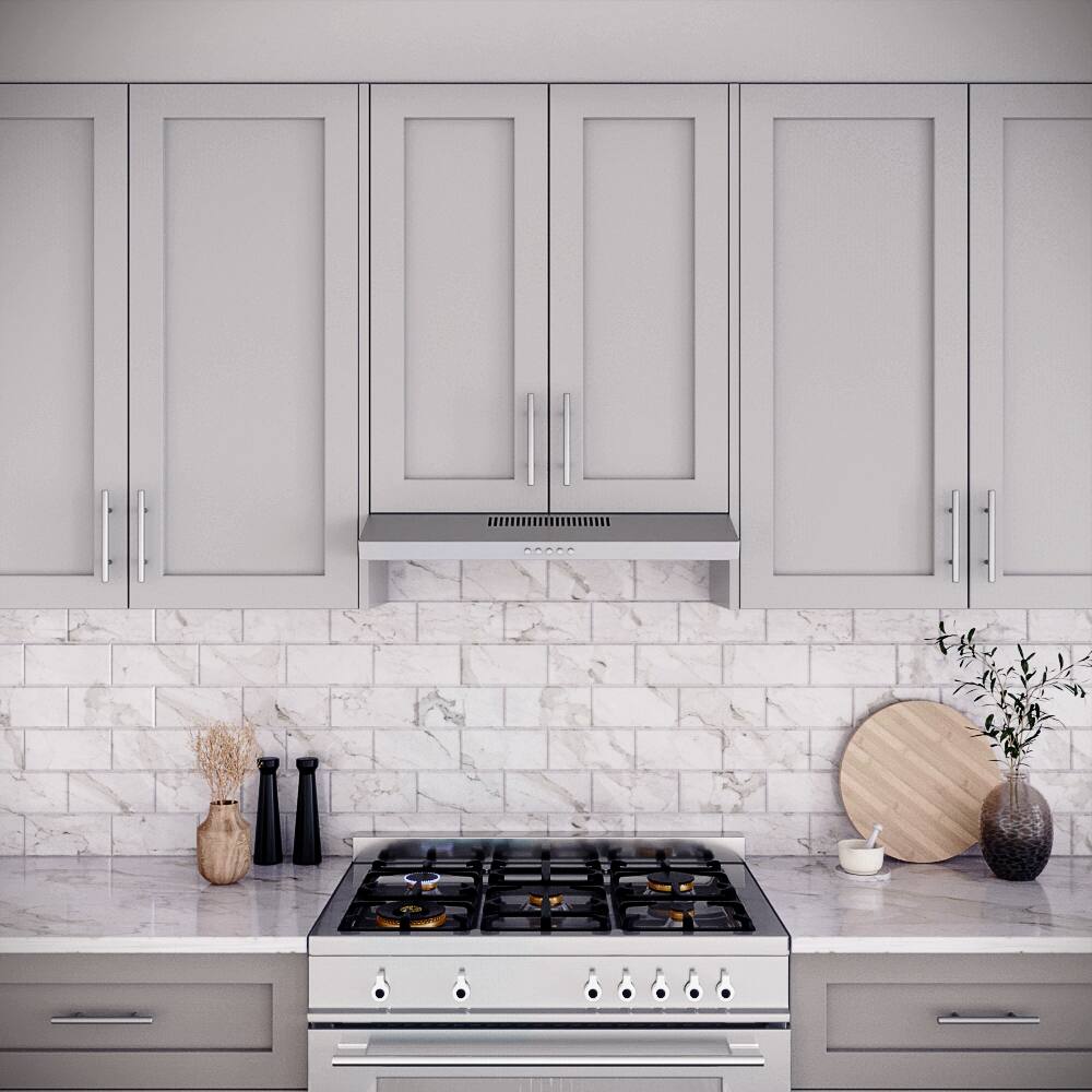 Left. Streamline - 30 in. Raffaele Convertible Undermount 80 CFM Range Hood, Mesh Filters, Push Button Control, LED Light - Brushed Stainless Steel.