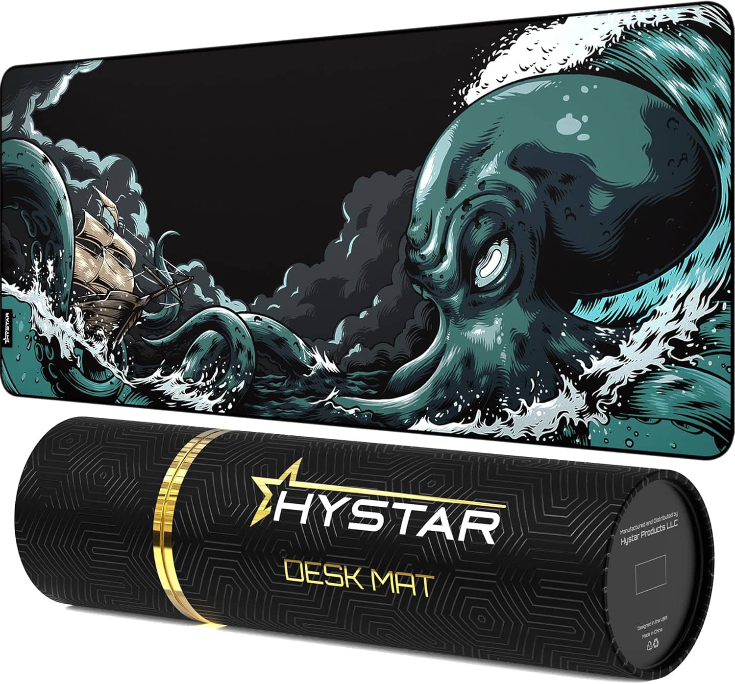 Hystar - Extended Gaming Mouse Pad | XXXL 45" x 20" | Waterproof Surface, Smooth Polyester, and Rubber Base | Mythic Kraken - Blue